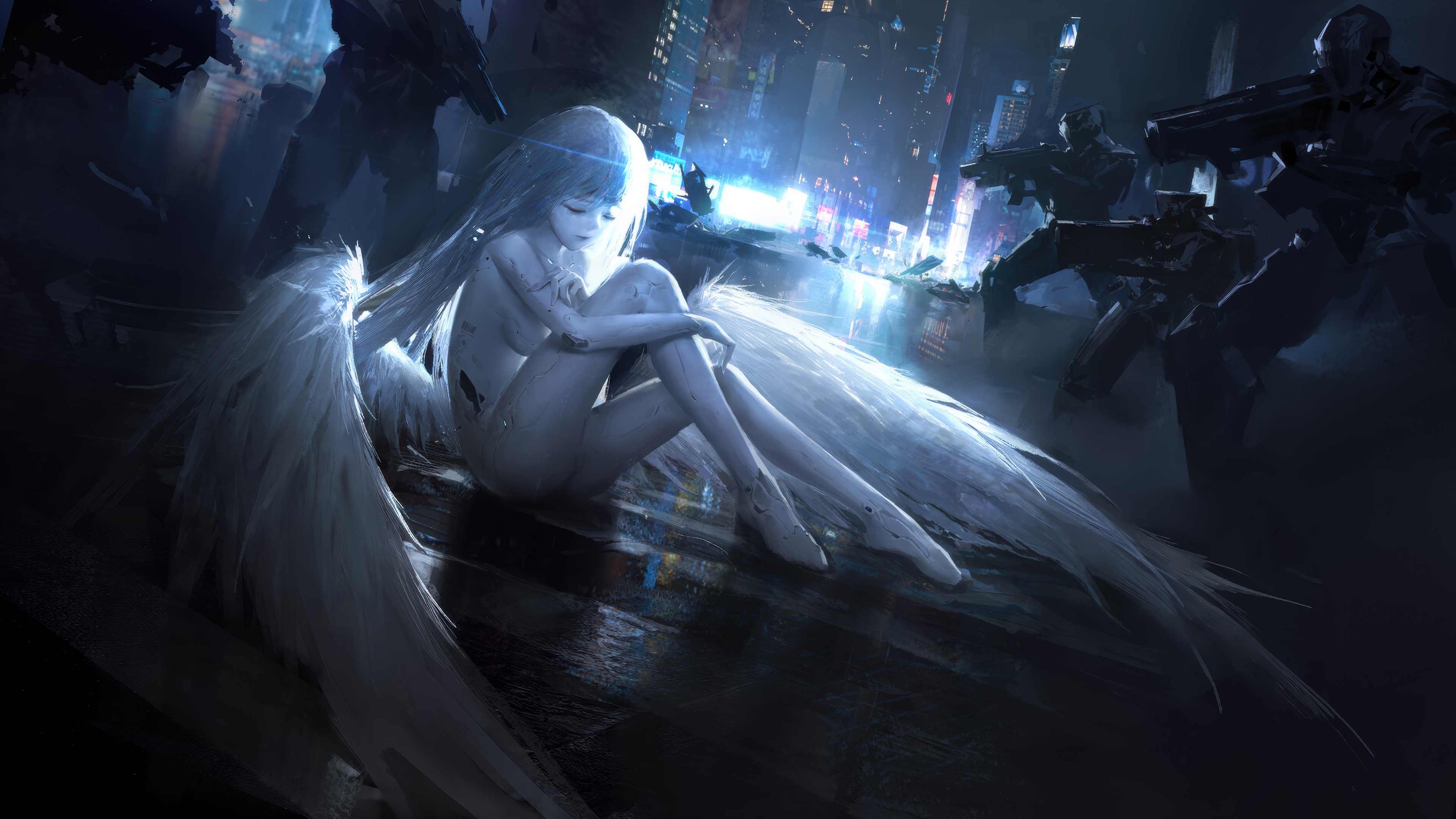 Cyberpunk Angel with Wings in a City HD Wallpaper