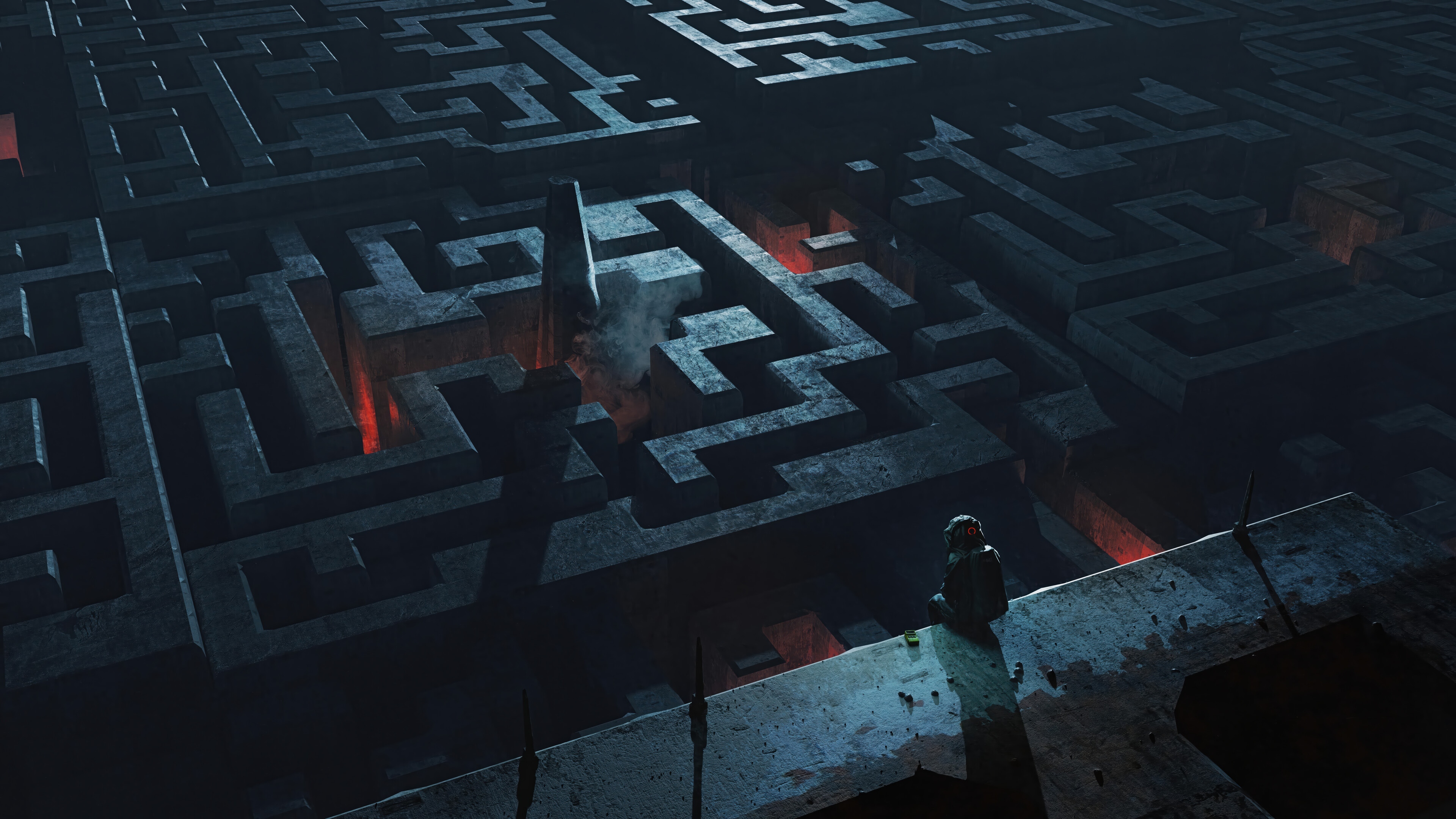 Man sitting in a dark, glowing maze 4K HD Wallpaper