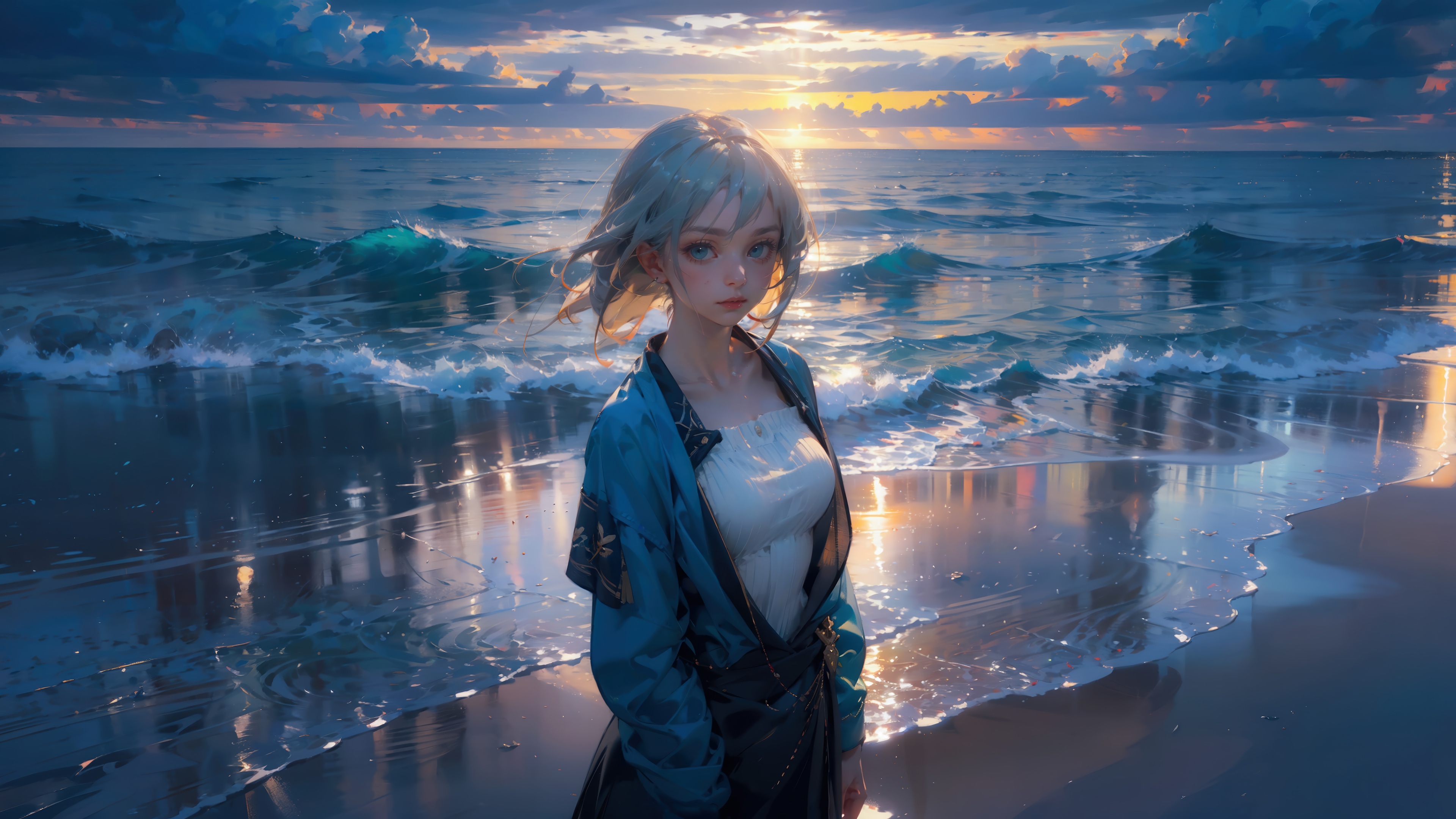 Anime Girl on a Beach at Sunset 4K HD Wallpaper