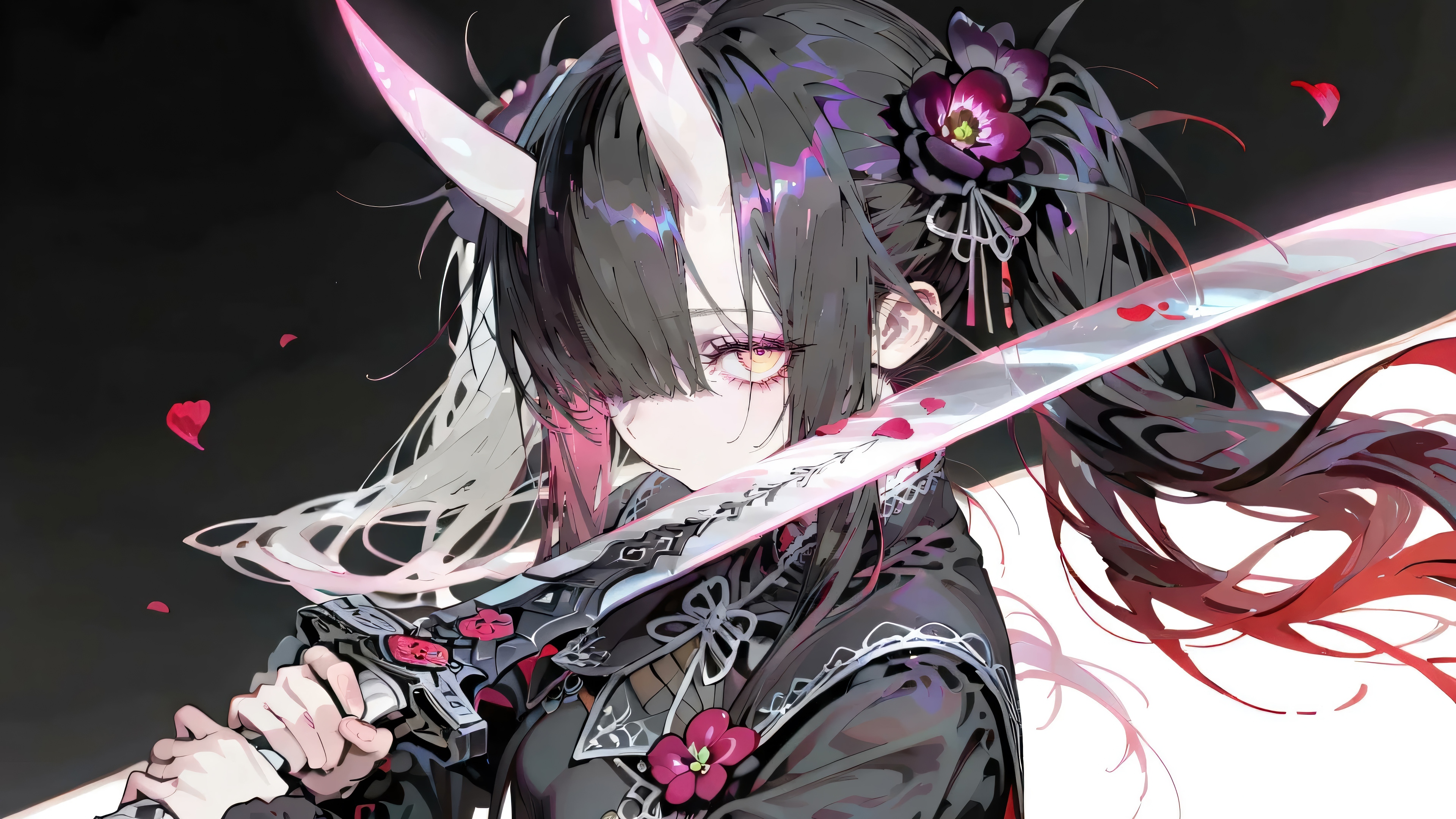 Anime Girl with Horns and Katana 4K HD Wallpaper