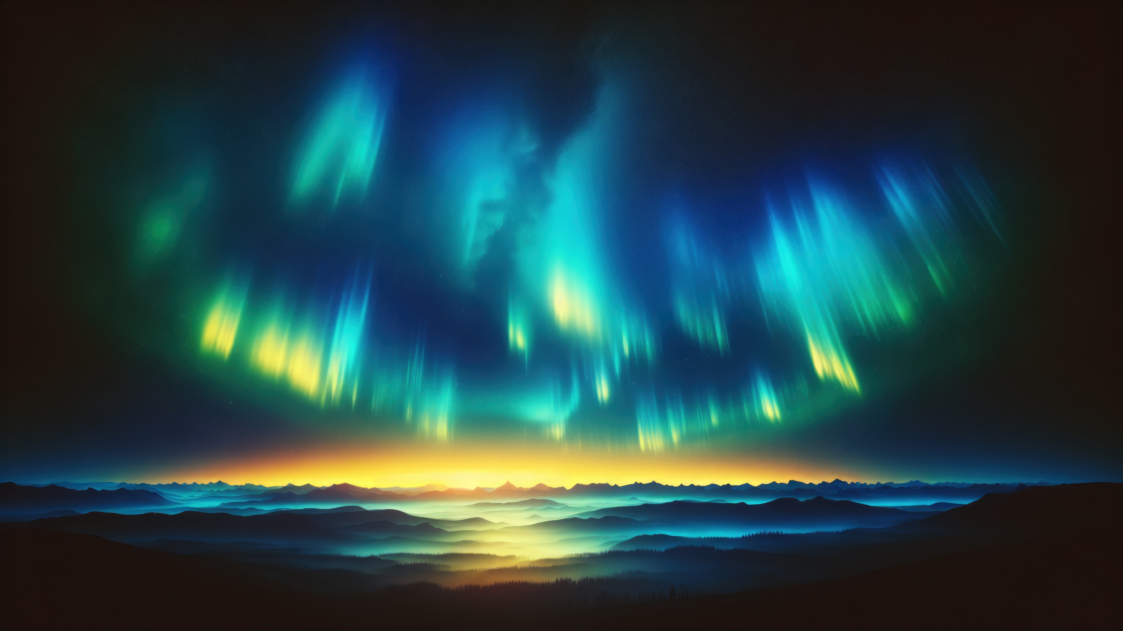 Aurora Borealis over misty mountains at sunrise 4K HD Wallpaper