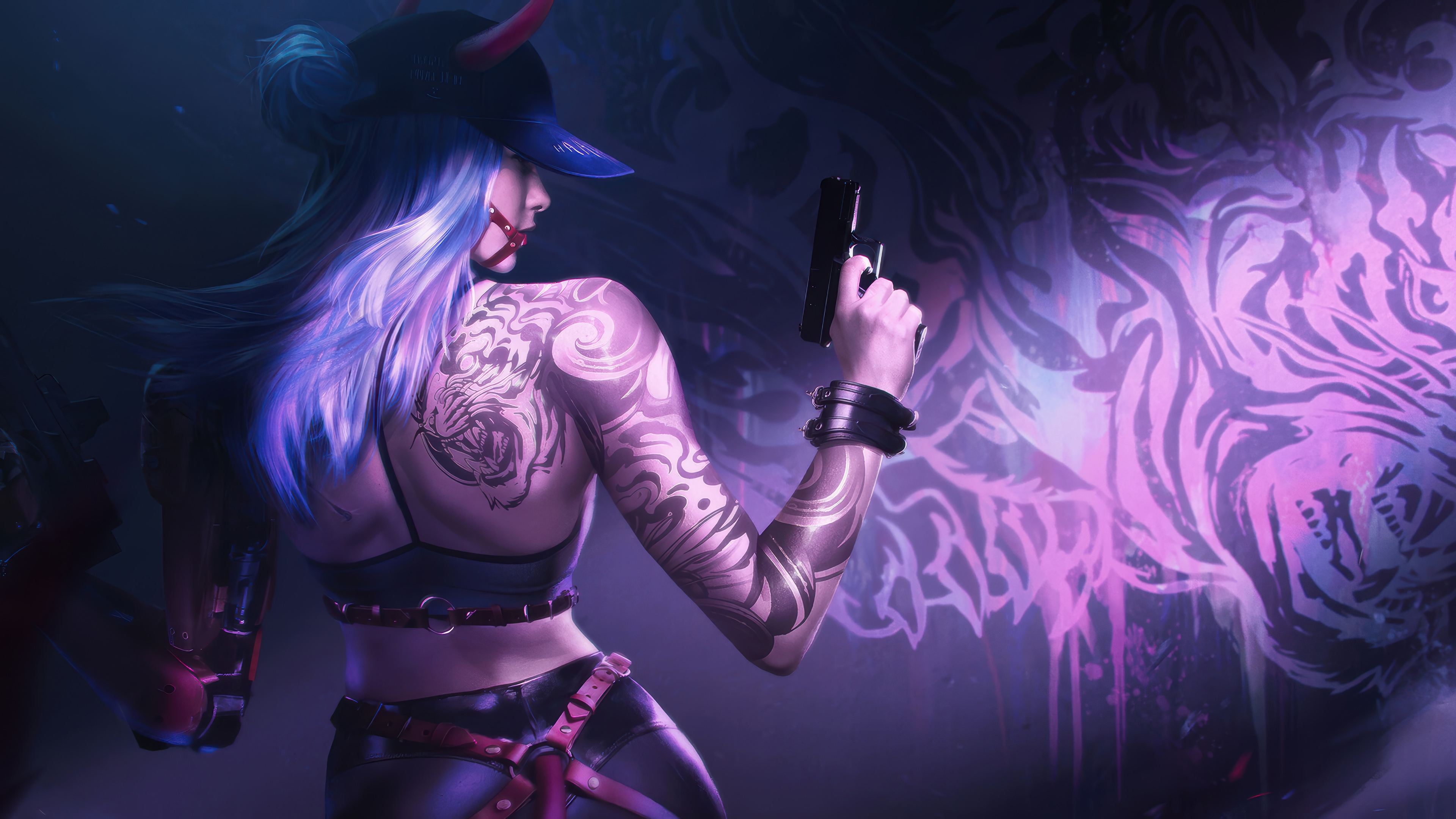 Anime Girl with Gun and Tattoos 4K HD Wallpaper