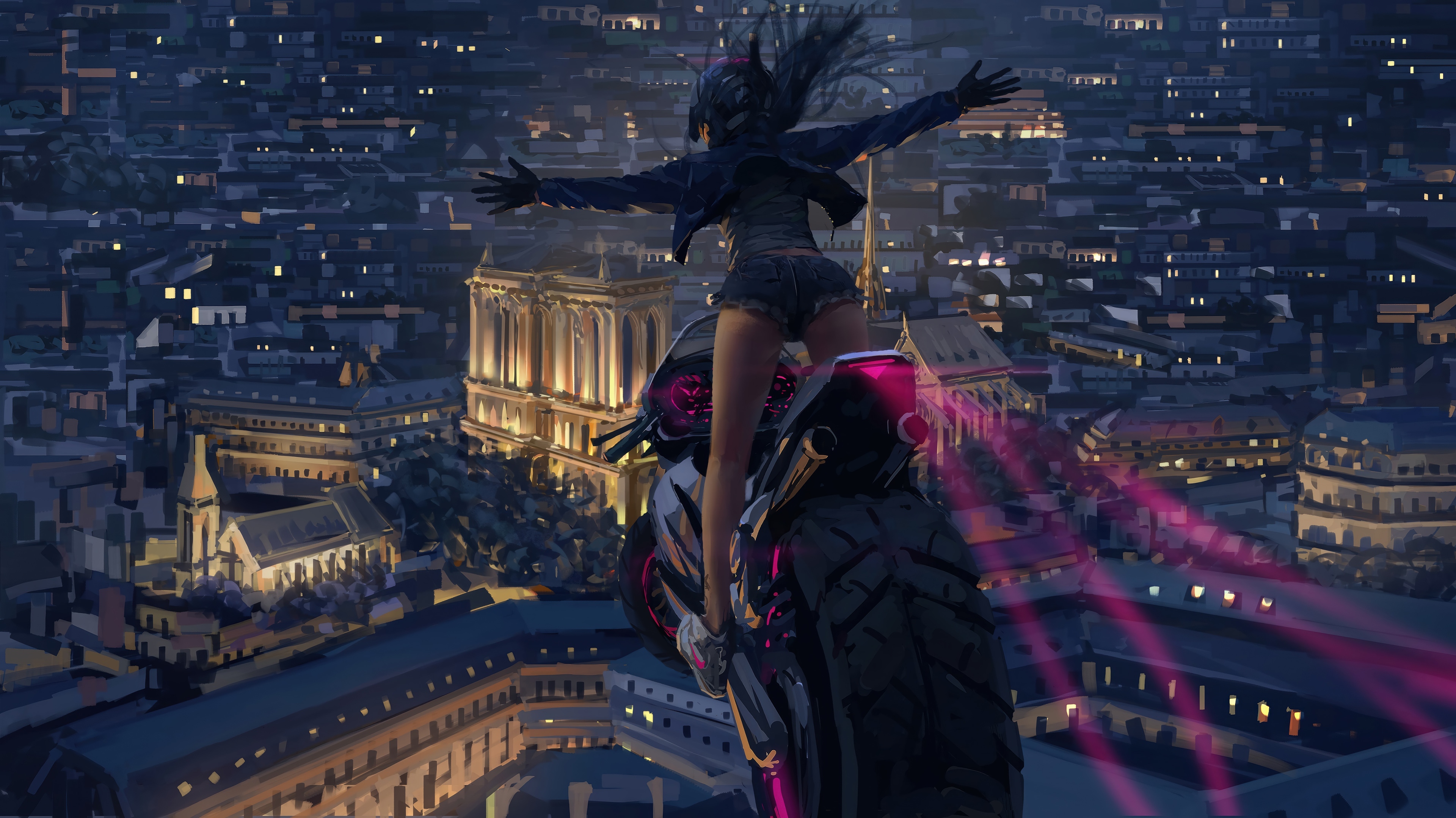 Anime girl on a motorcycle overlooking a city at night HD Wallpaper