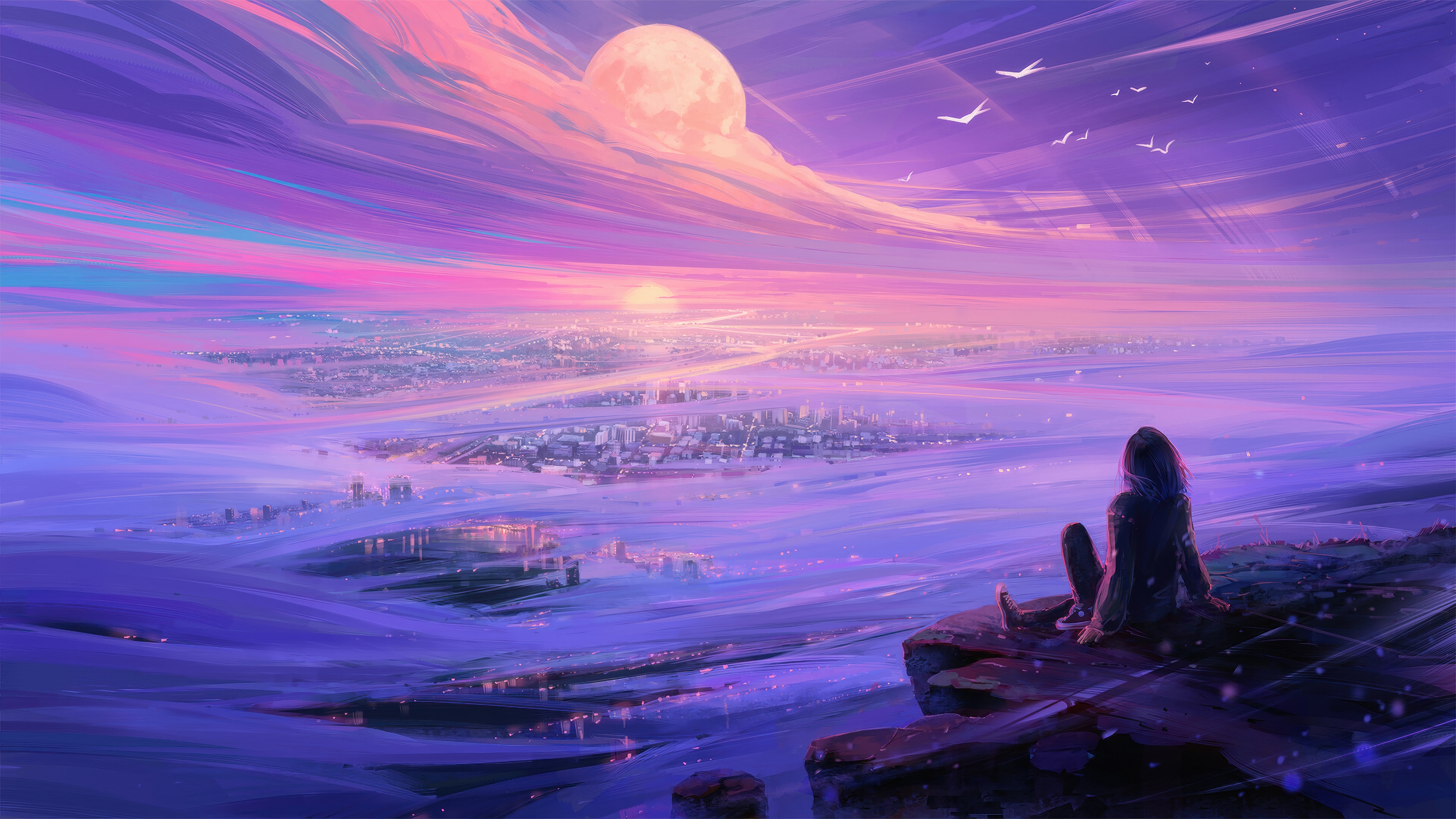 Girl watching sunset over city 4K HD Wallpaper