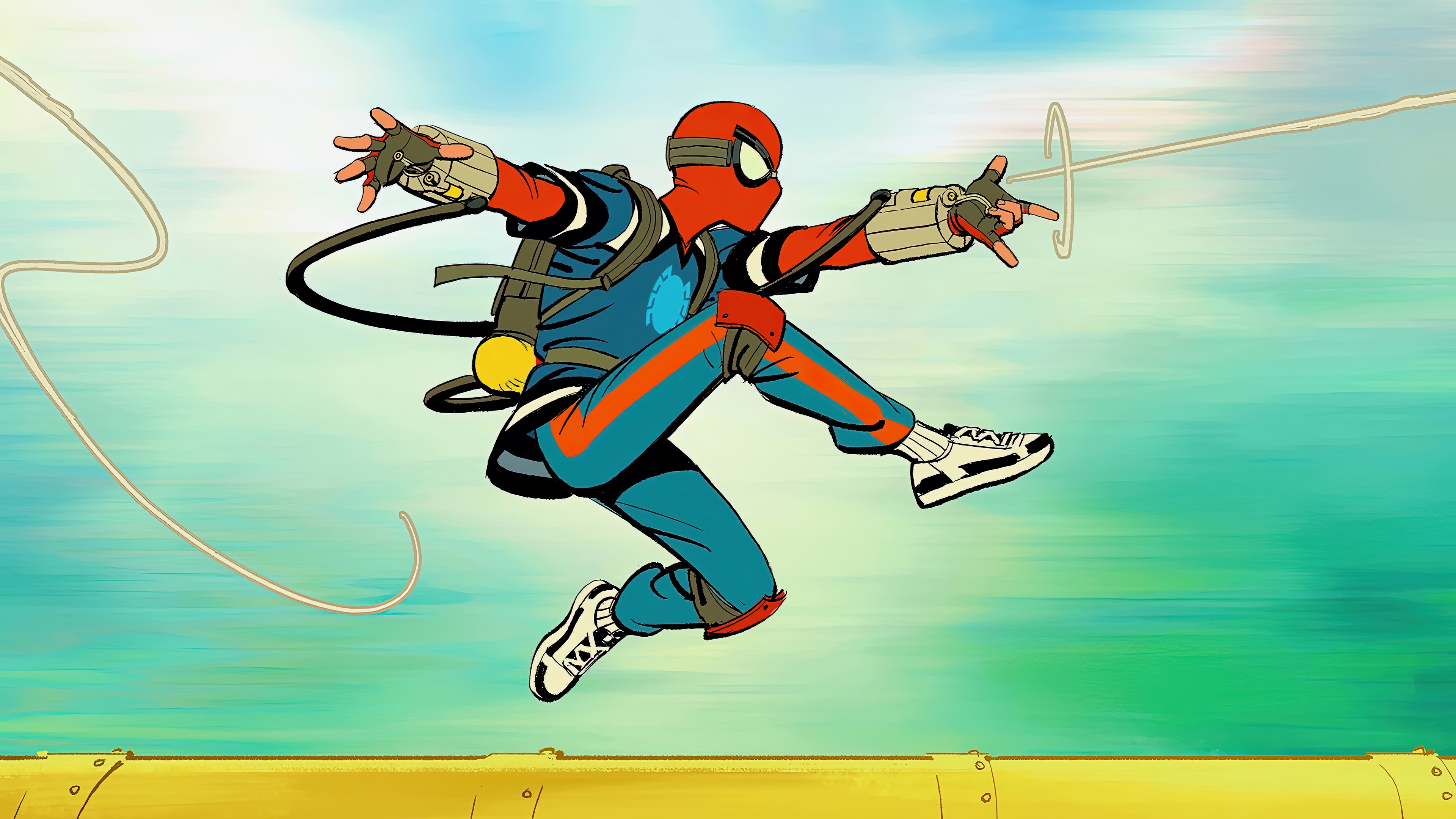 Spider-Man in a blue and orange suit swings with webs HD Wallpaper