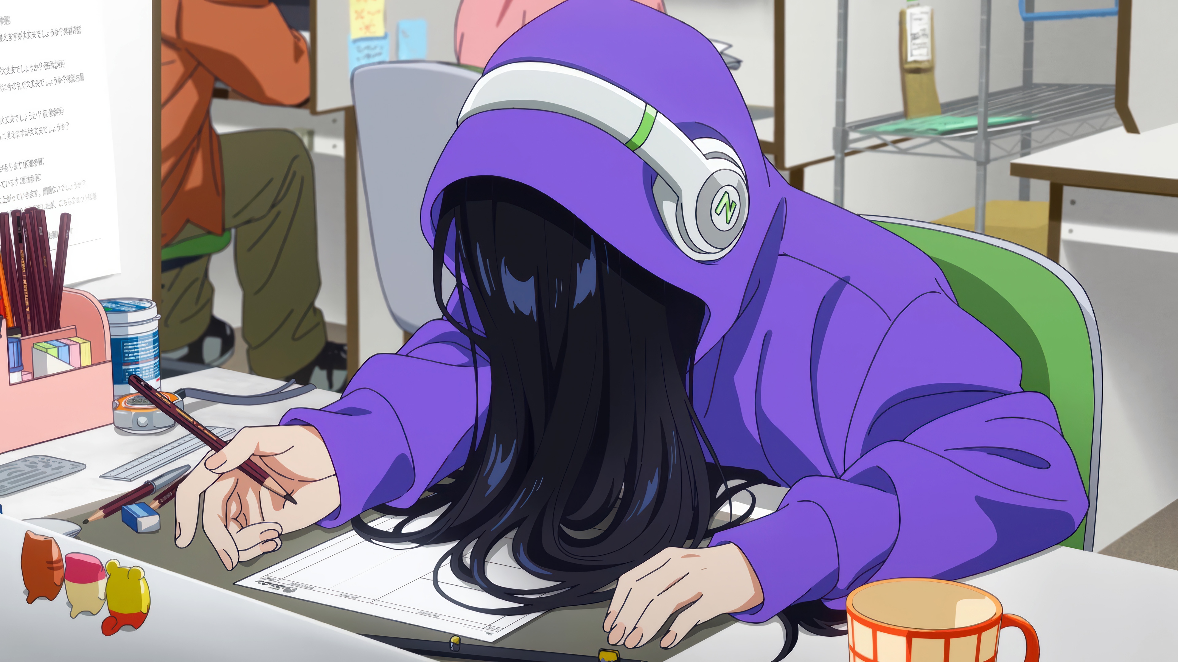 Anime girl with headphones sleeping at desk HD Wallpaper