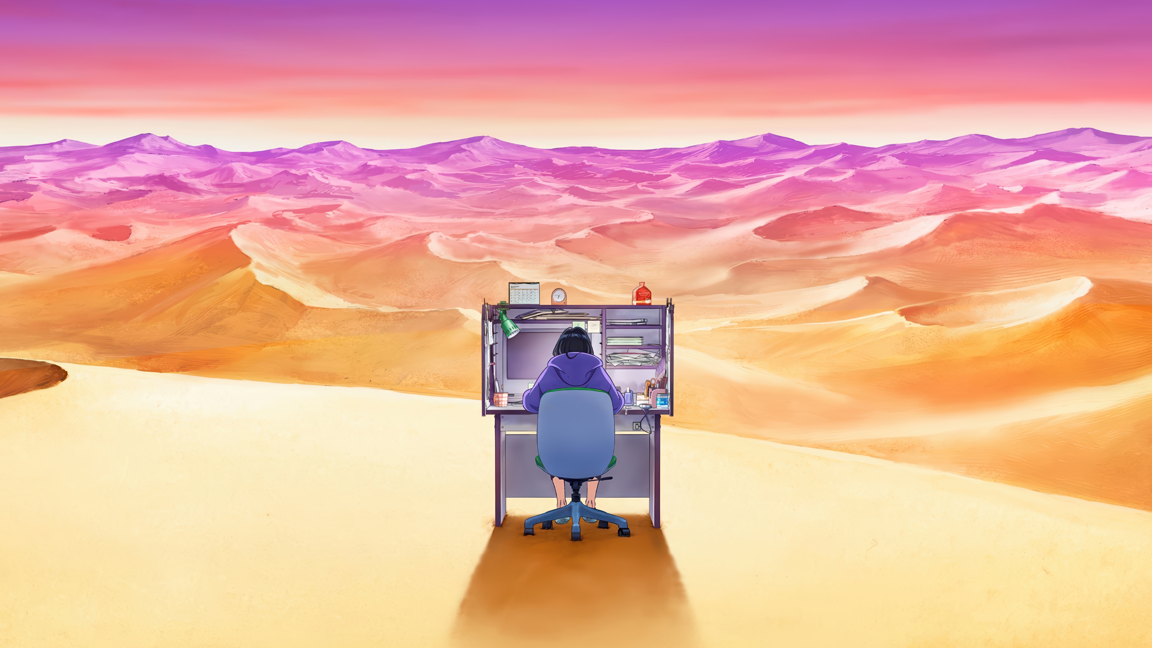 Natsuko Hirose at a desk in a desert landscape 4K HD Wallpaper