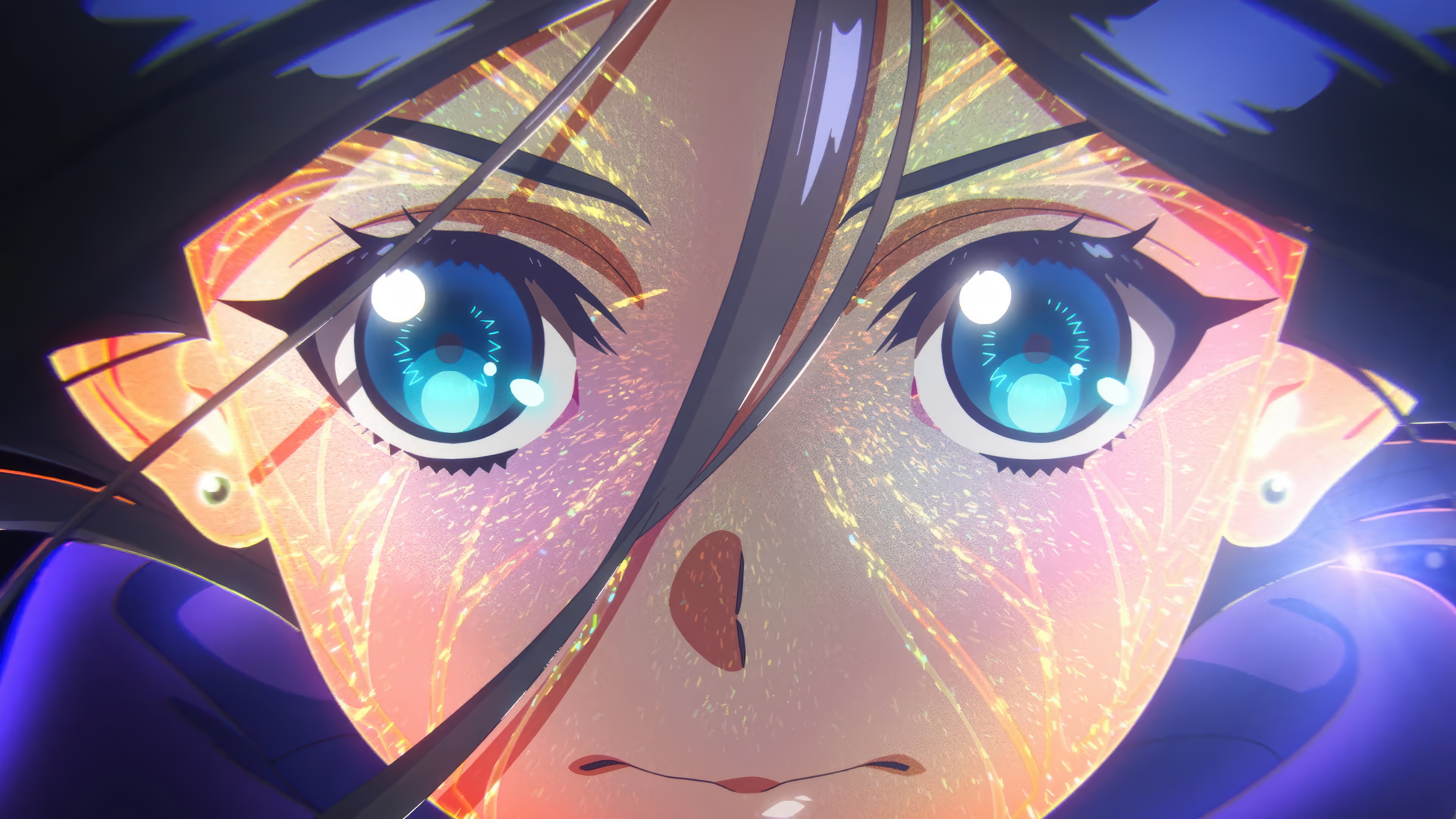 Anime character with blue eyes and colorful reflections HD Wallpaper