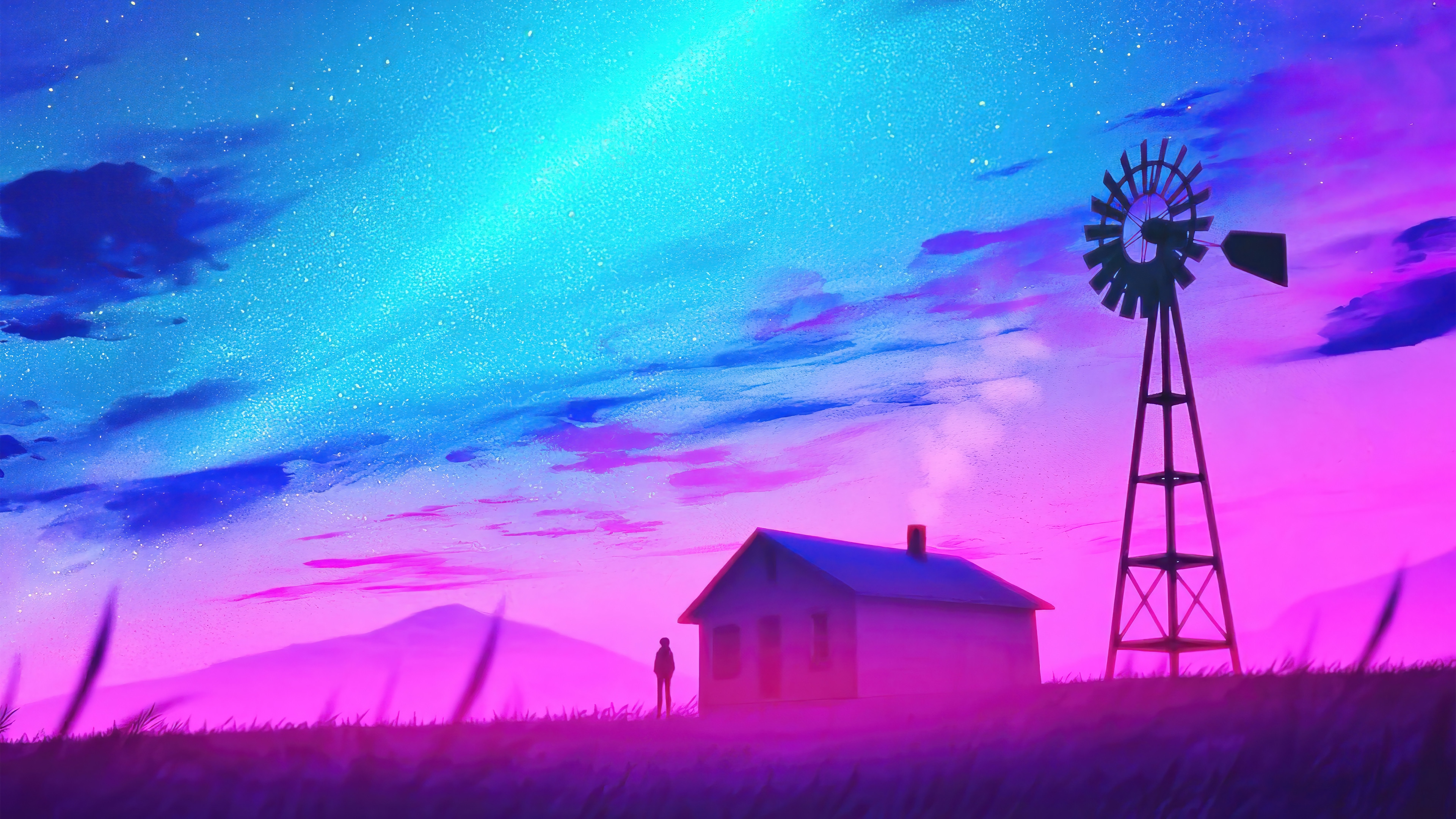 Digital Art of a House and Windmill under a Starry Sky 4K HD Wallpaper