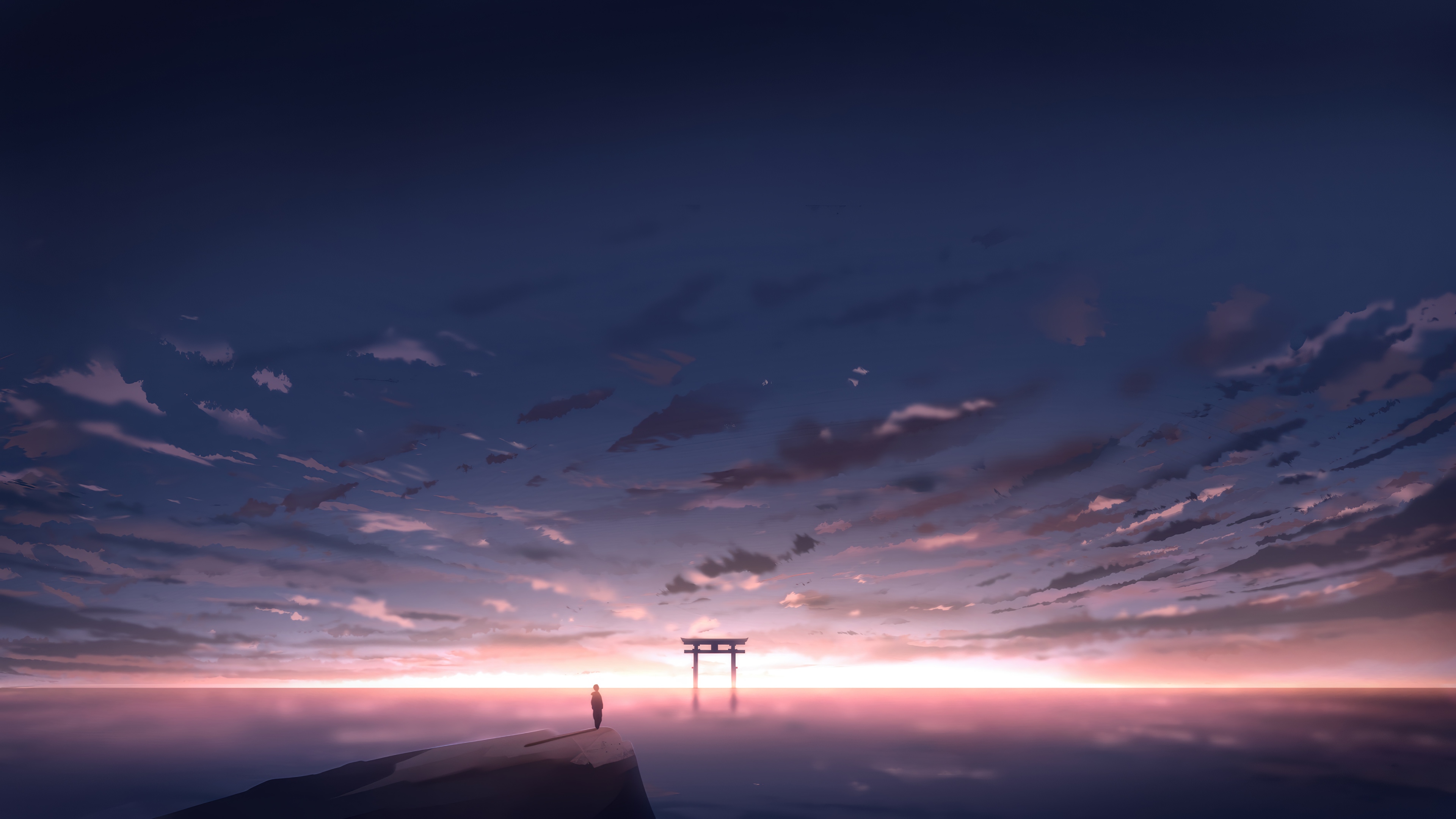 Torii Gate at Sunrise over the Ocean 4K HD Wallpaper