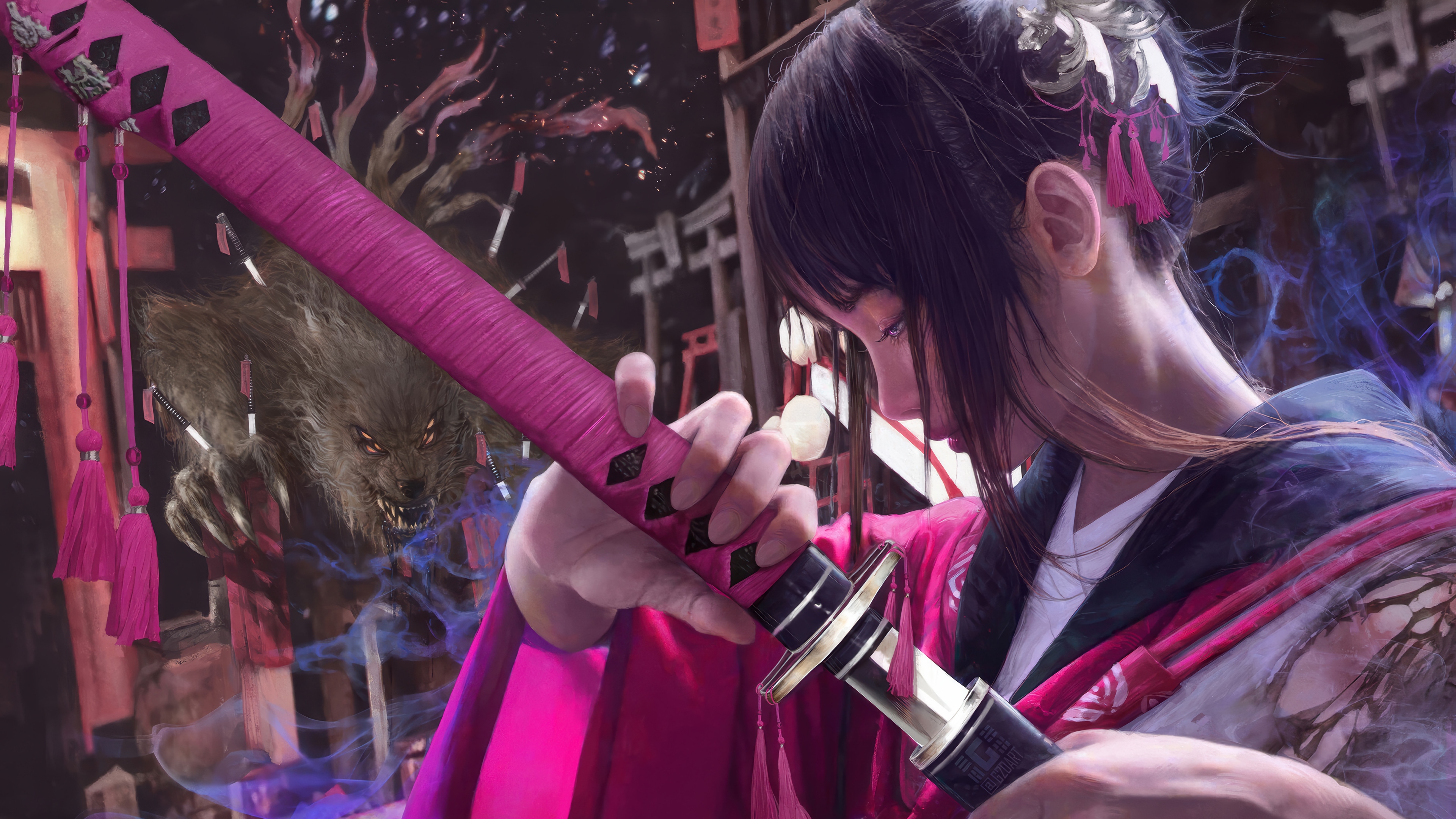 Girl with Katana and Wolf Creature HD Wallpaper