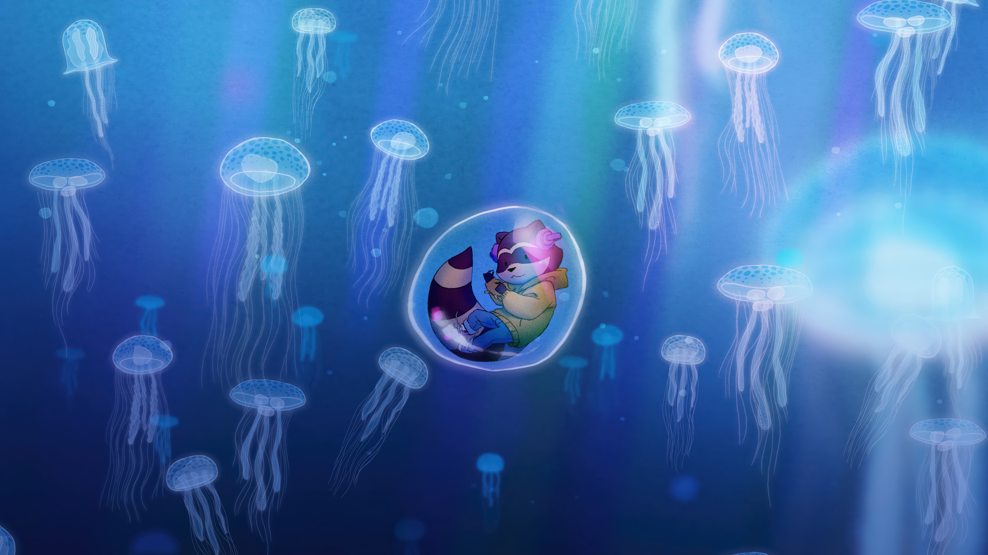 Raccoon in a bubble surrounded by jellyfish HD Wallpaper