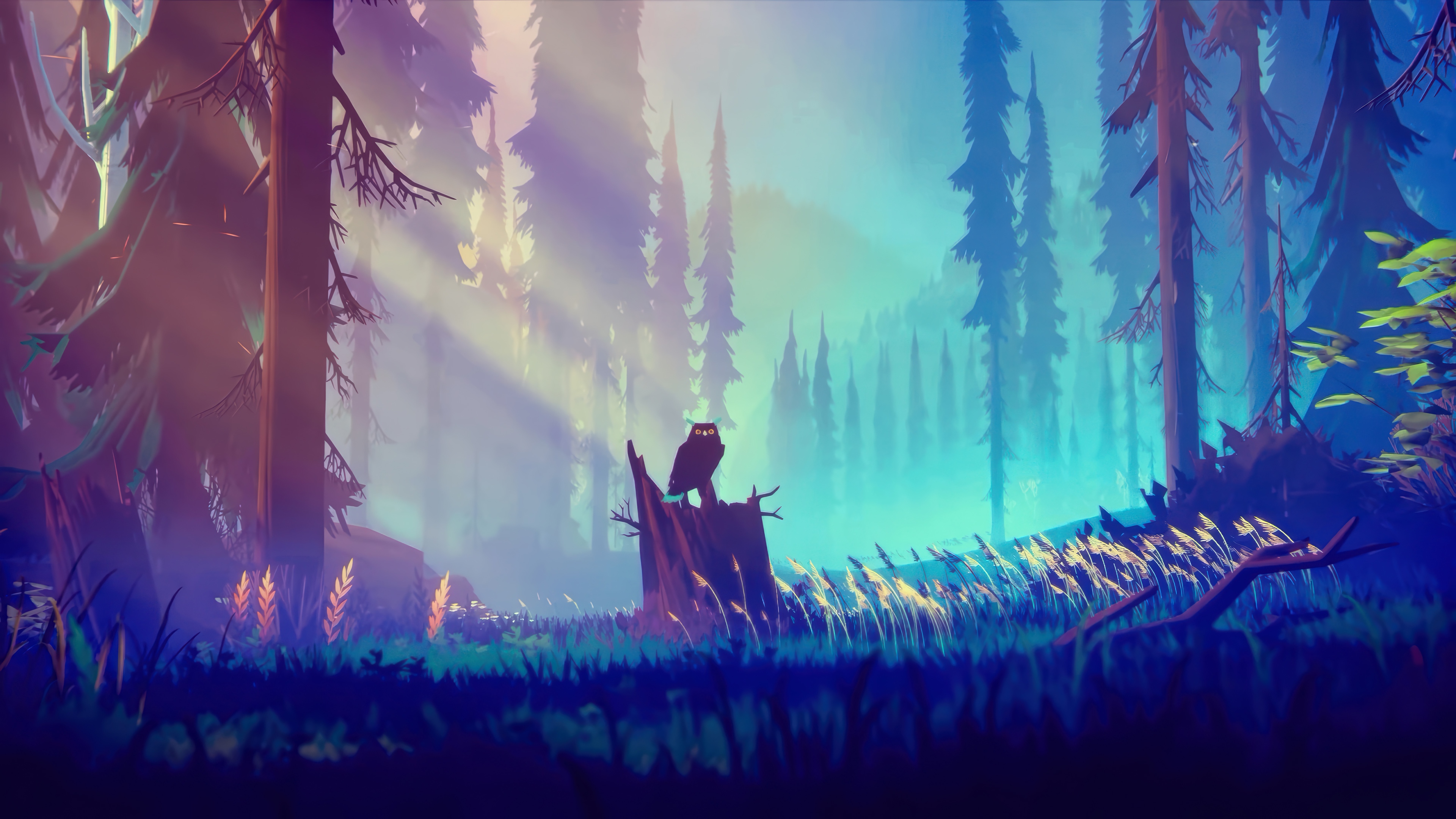 Owl perched on a tree stump in a misty forest 4K HD Wallpaper