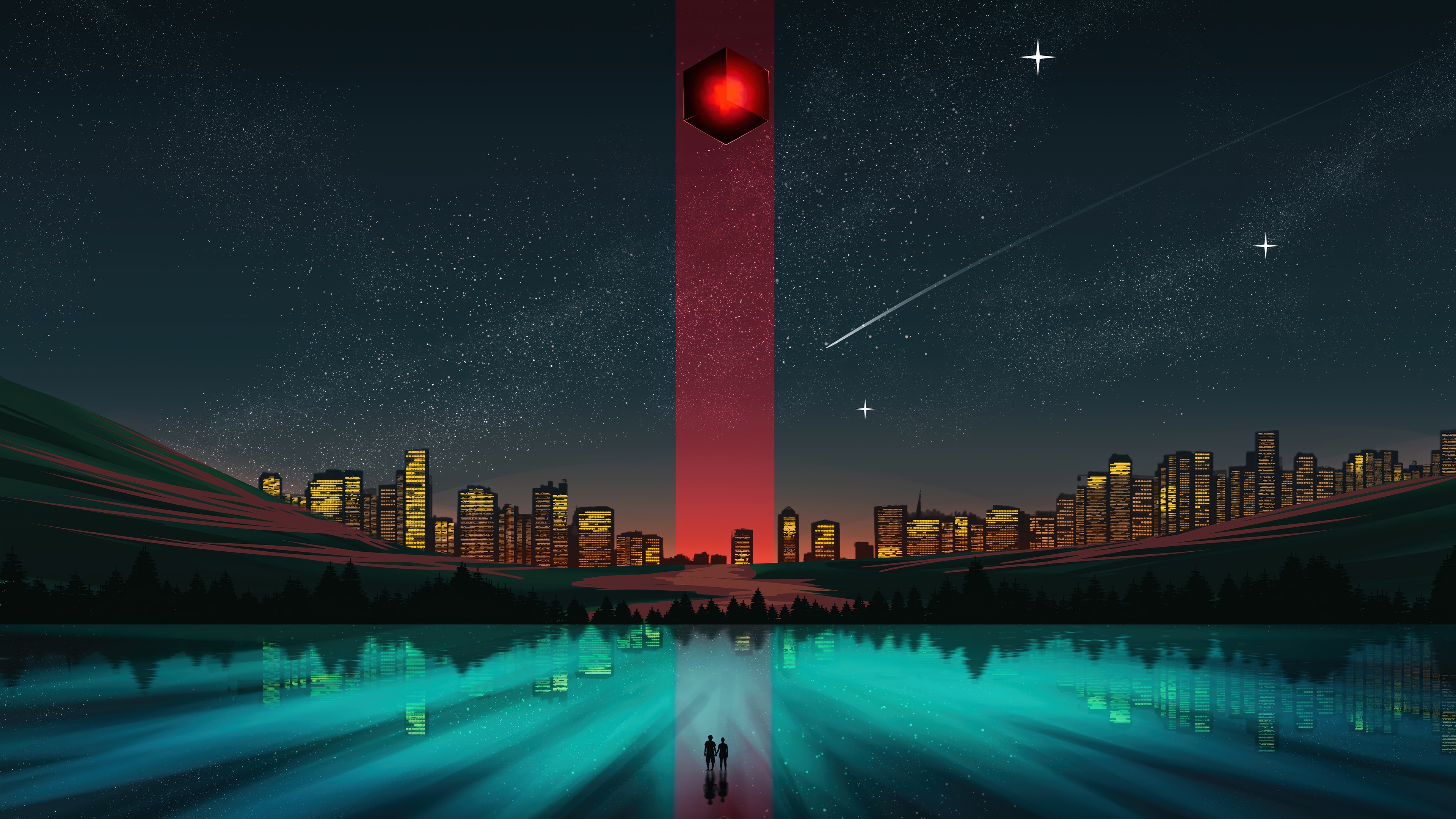 Cityscape at Night with Red Beam and Stars 4K HD Wallpaper