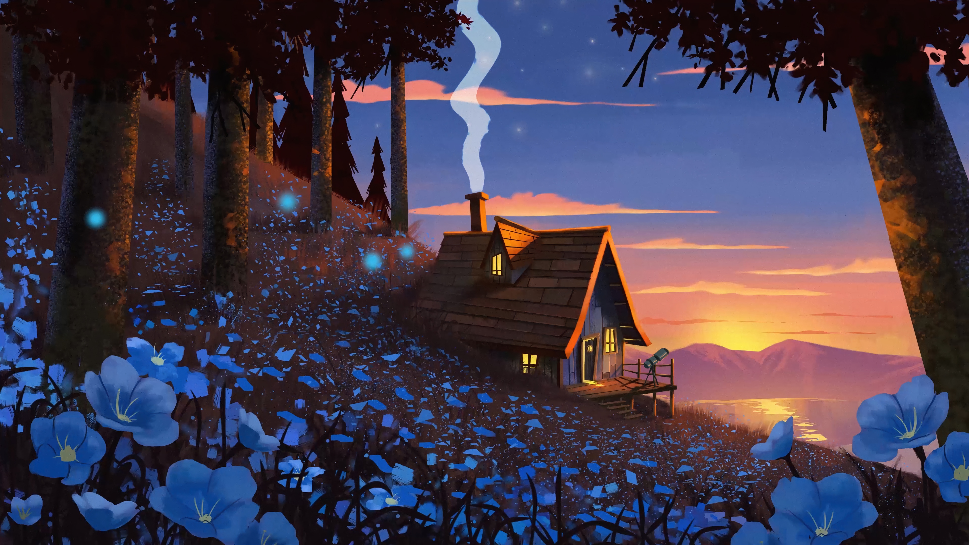 Digital Art of a Cabin in a Forest with Flowers 4K HD Wallpaper