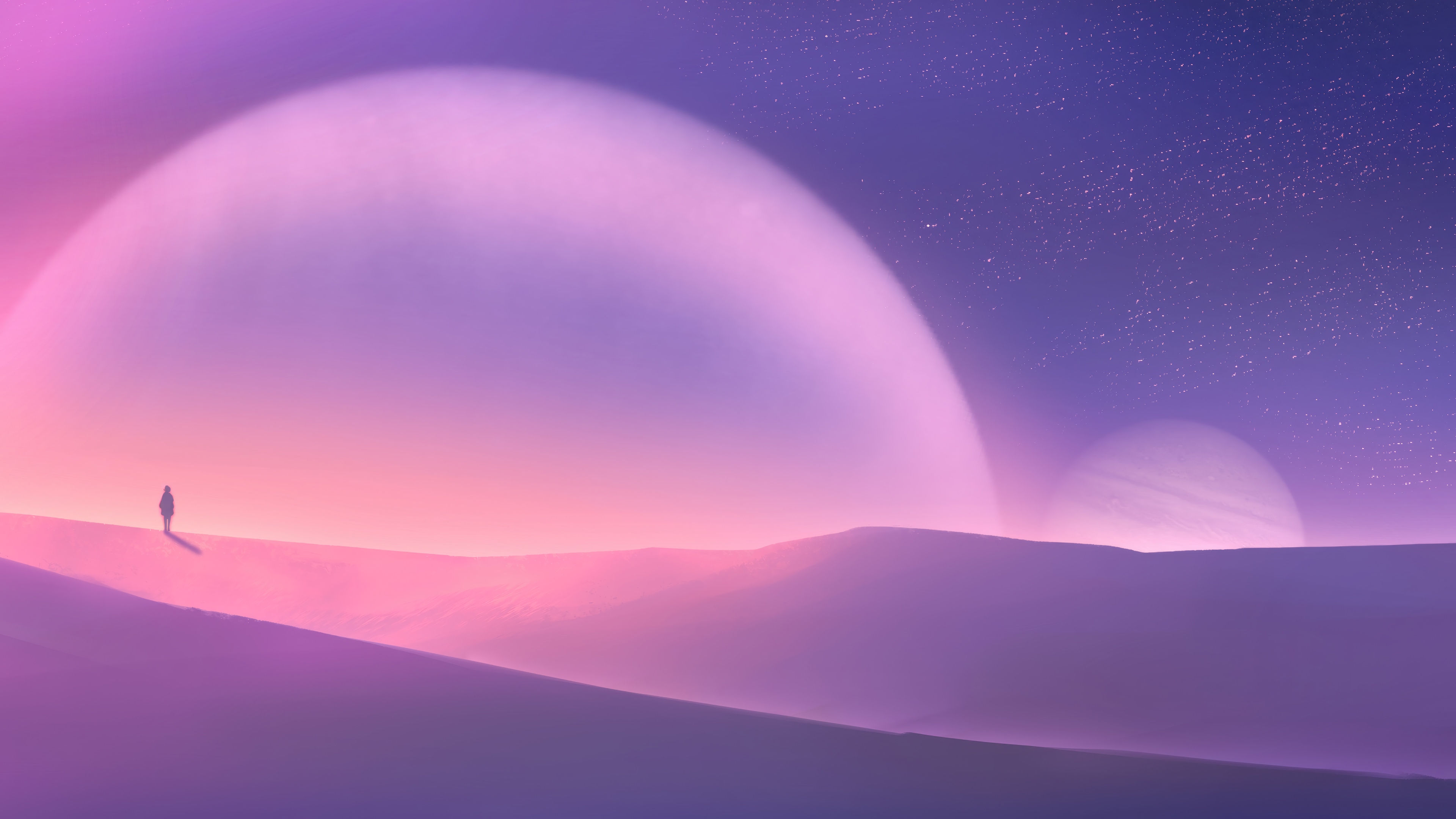 Digital Art of a Person in a Desert Under Two Planets HD Wallpaper