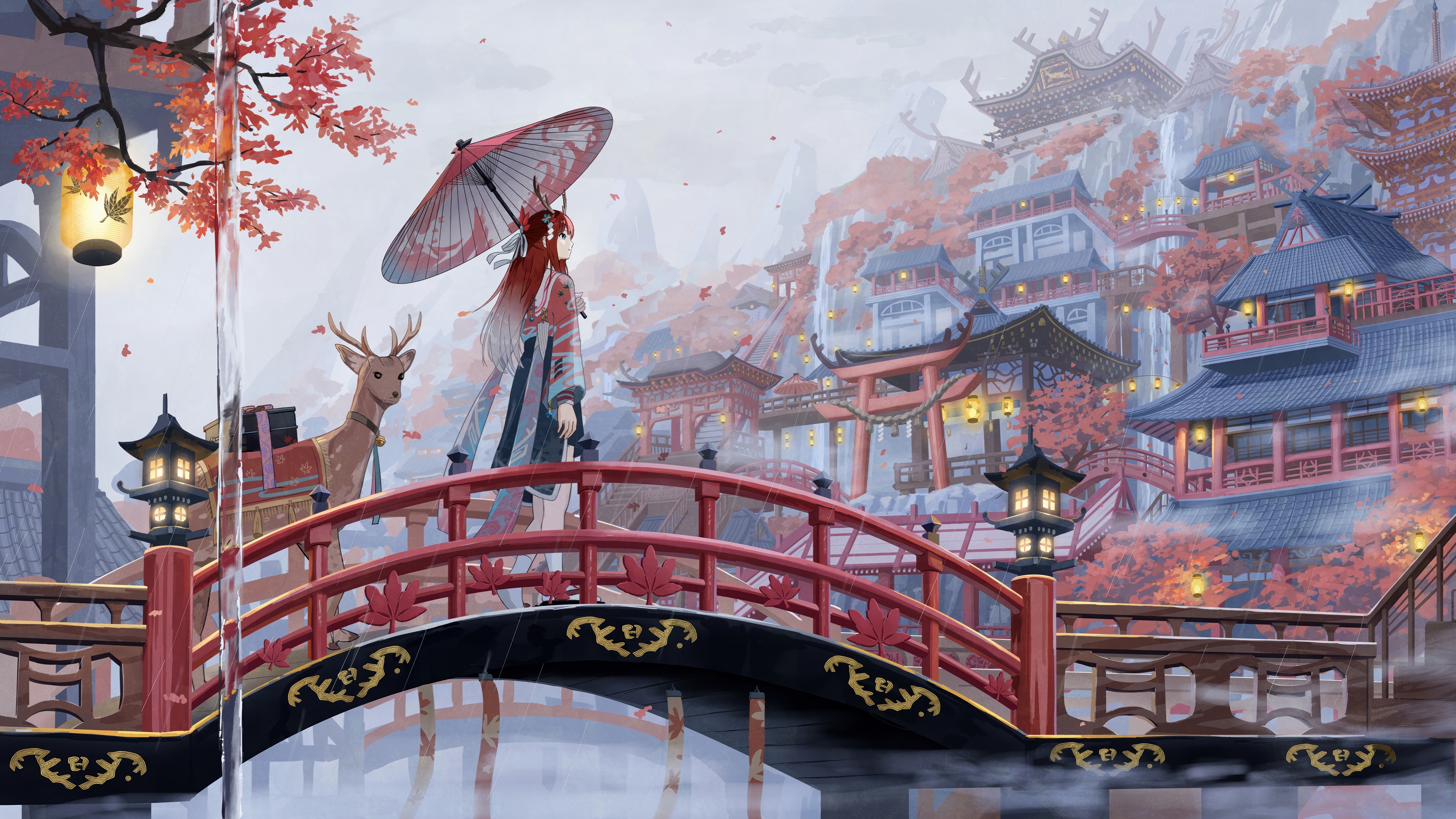 Anime girl with deer on a bridge in a Japanese castle town HD Wallpaper