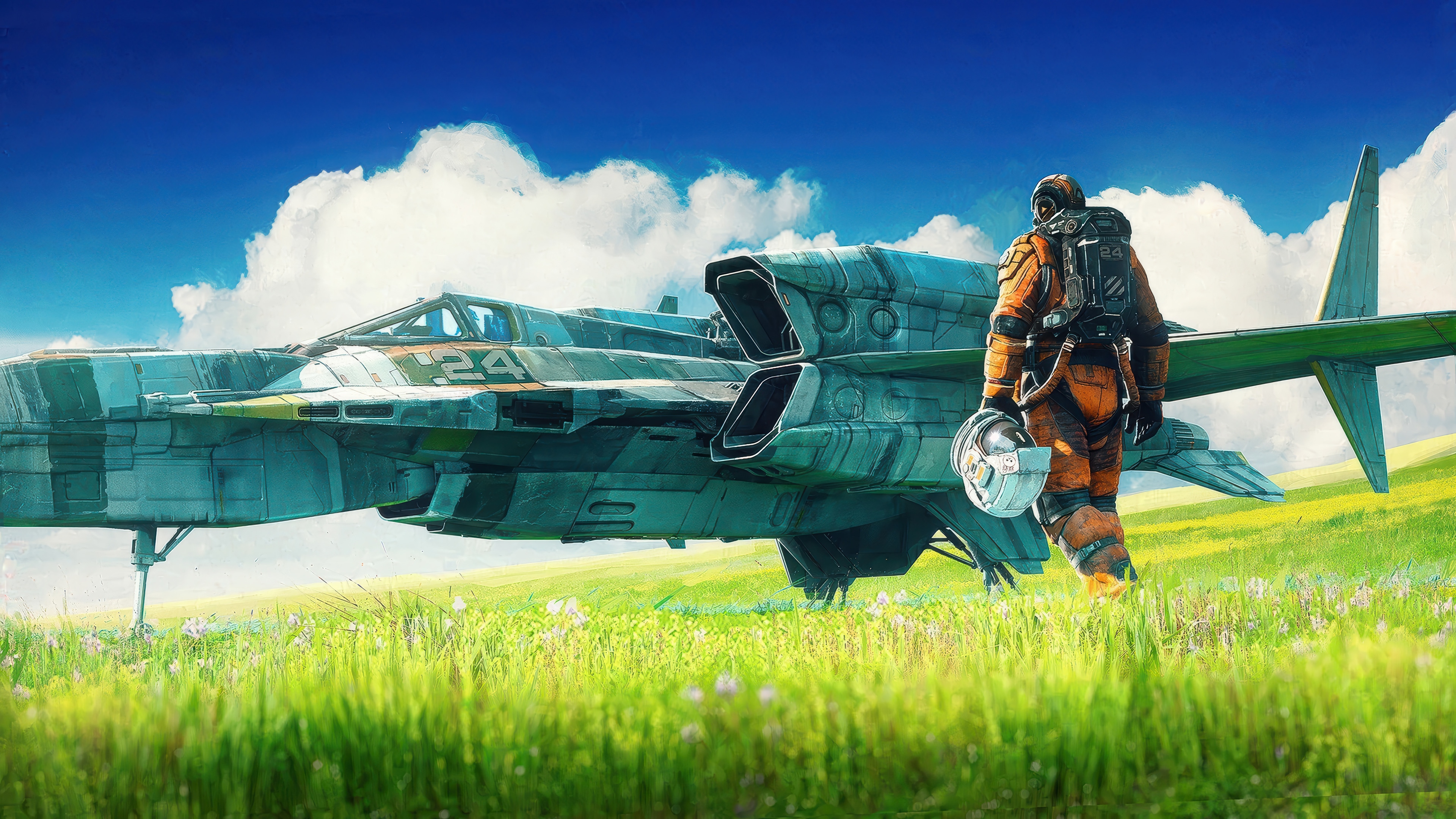 Futuristic Spaceship and Pilot in a Field 4K HD Wallpaper