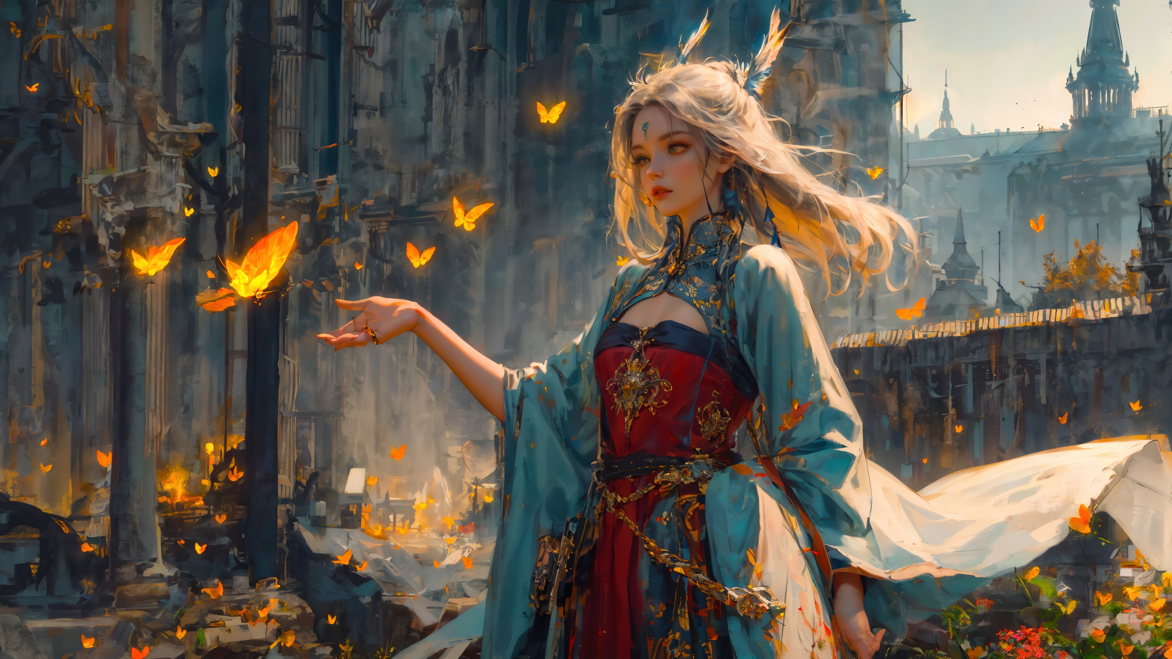 Fantasy Girl with Butterflies in Ancient Ruins 4K HD Wallpaper