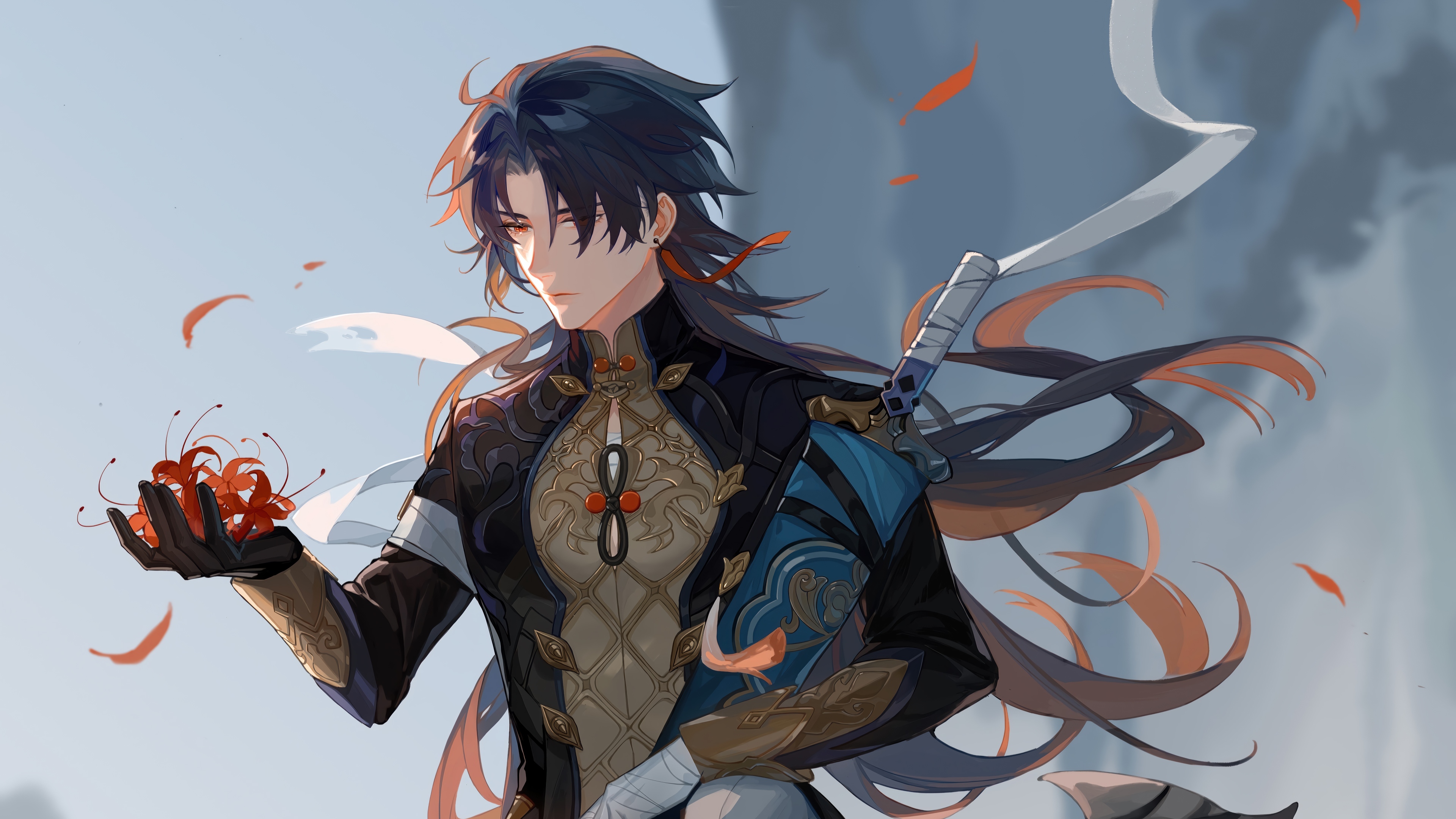 Blade from Honkai: Star Rail holding red flowers HD Wallpaper
