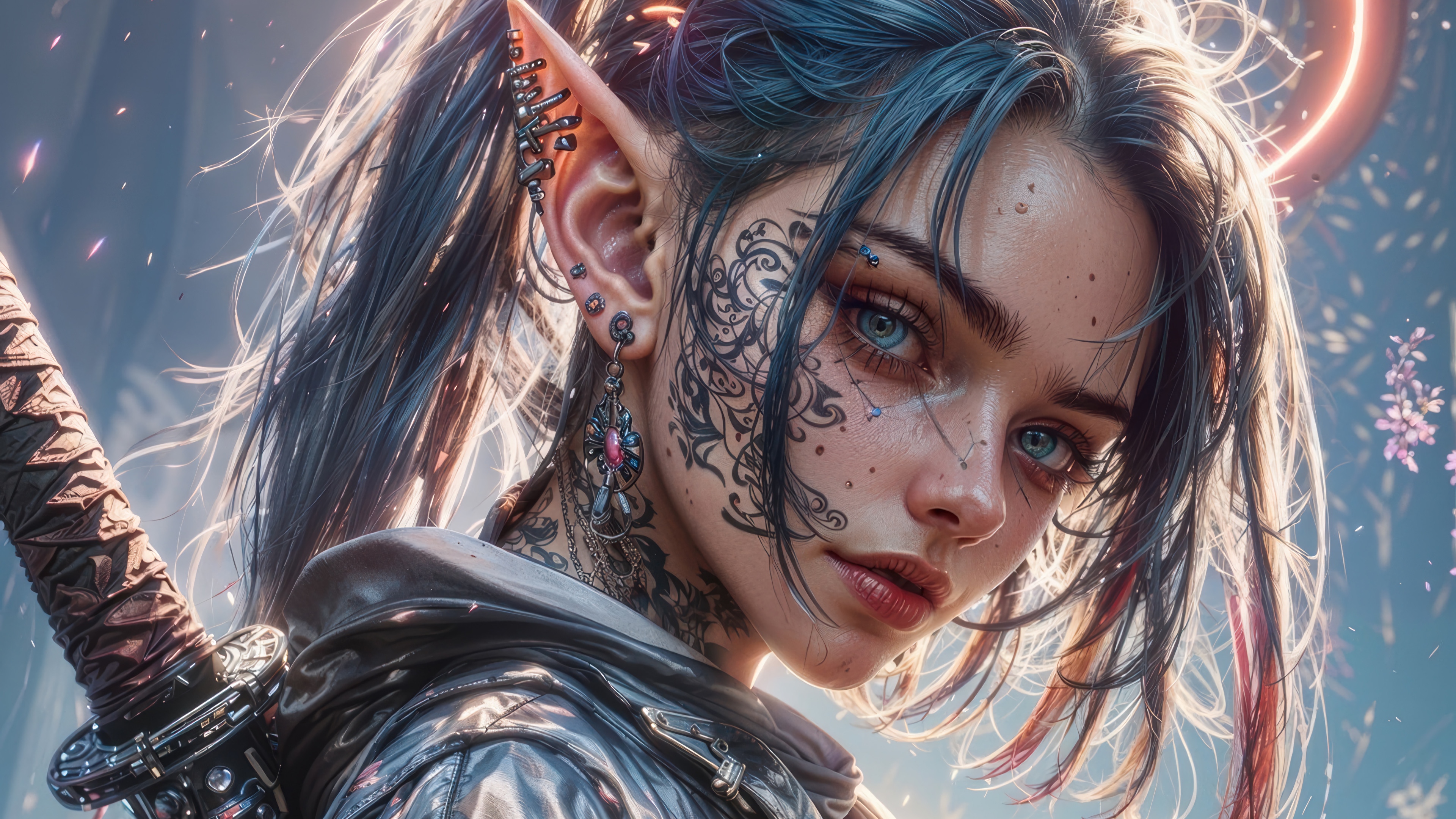 Fantasy Elf Girl with Tattoos and Sword 4K HD Wallpaper