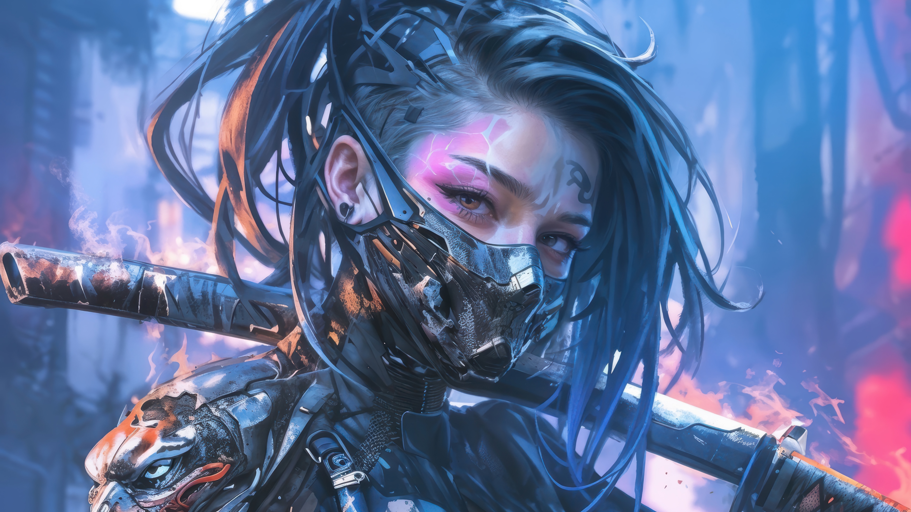 Cyberpunk Anime Girl with Mask and Katana 4K HD Wallpaper