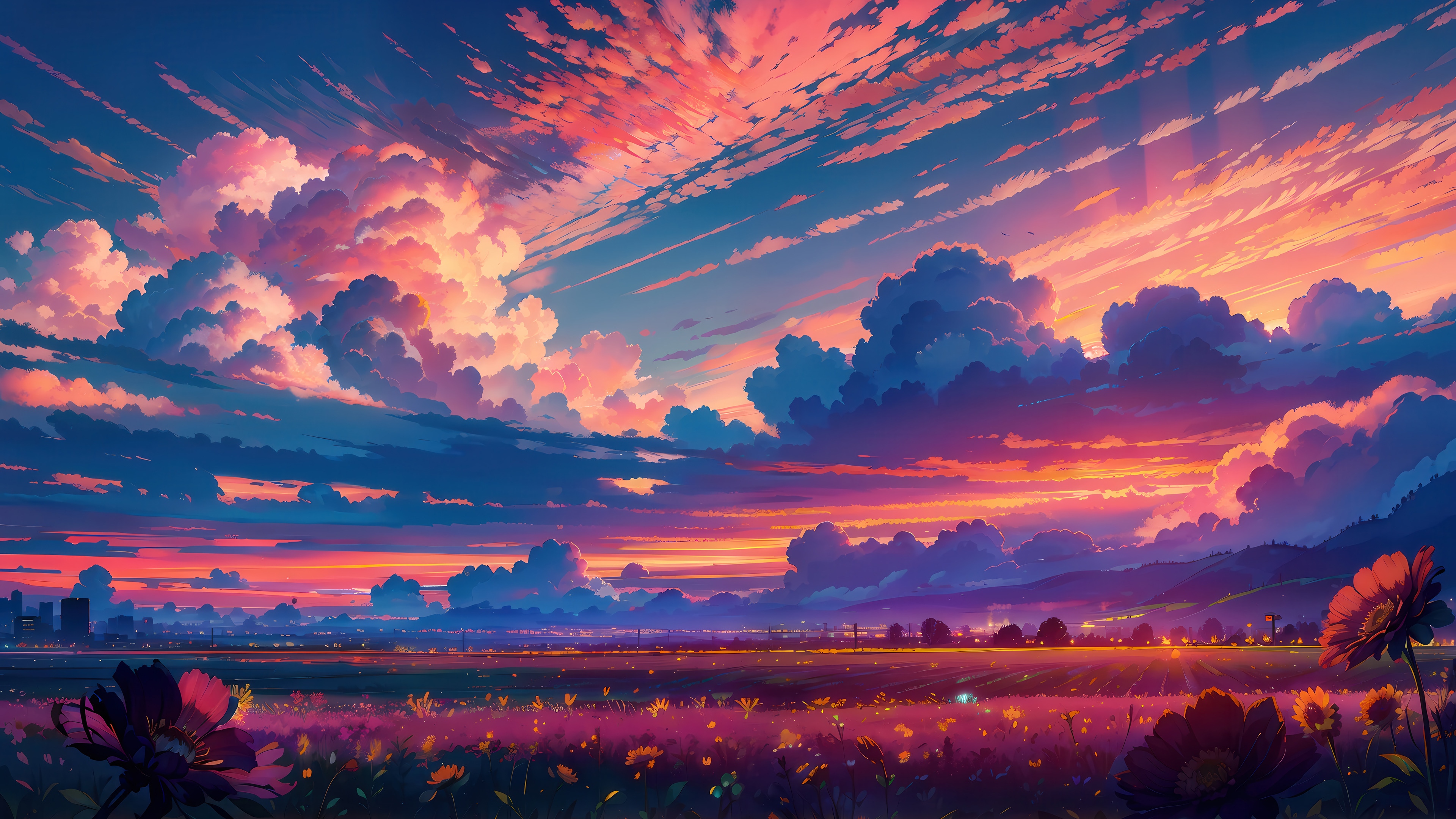 Sunset over a field of flowers with city in the distance HD Wallpaper