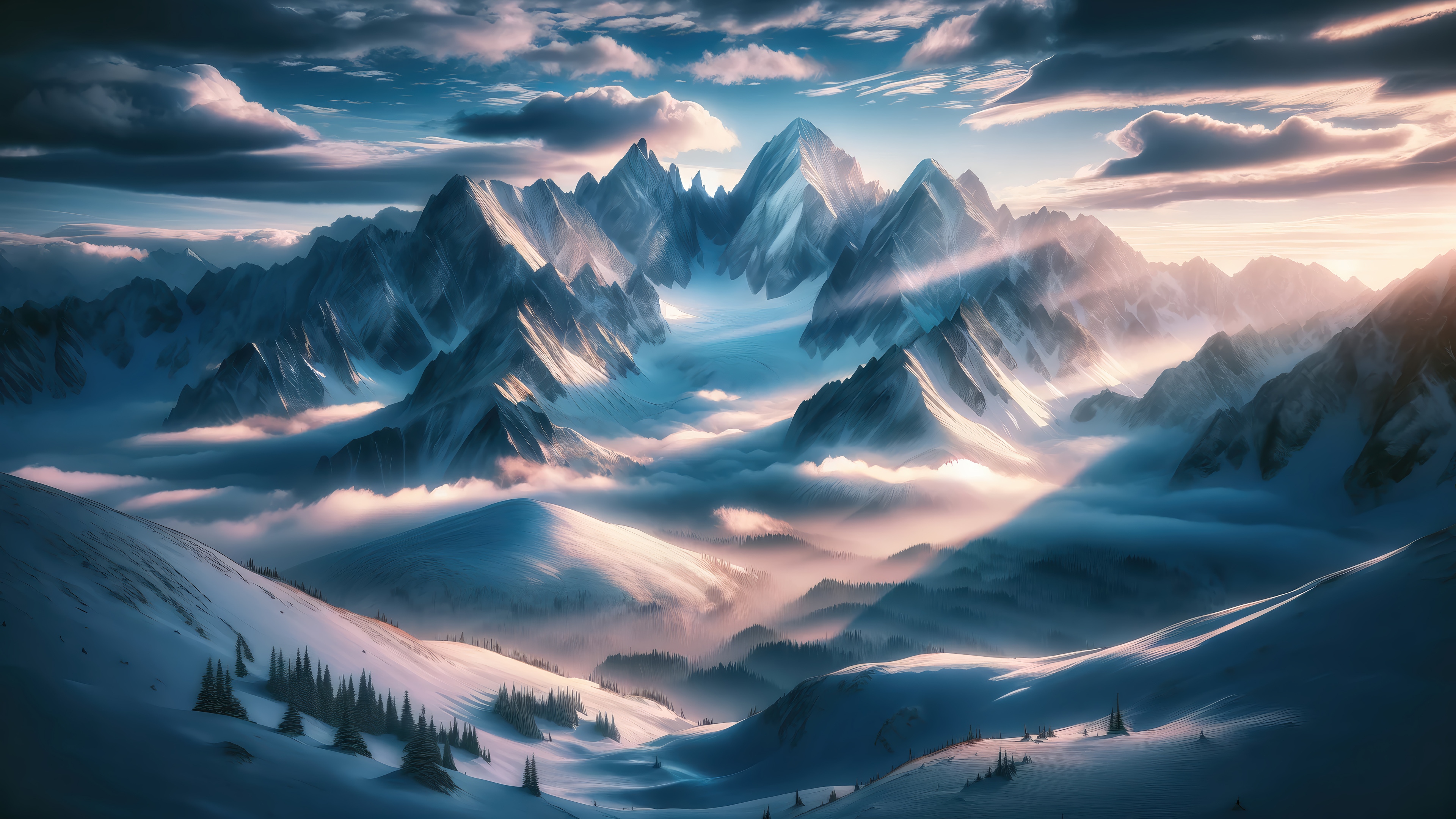 Snowy Mountain Scenery at Sunrise 4K HD Wallpaper