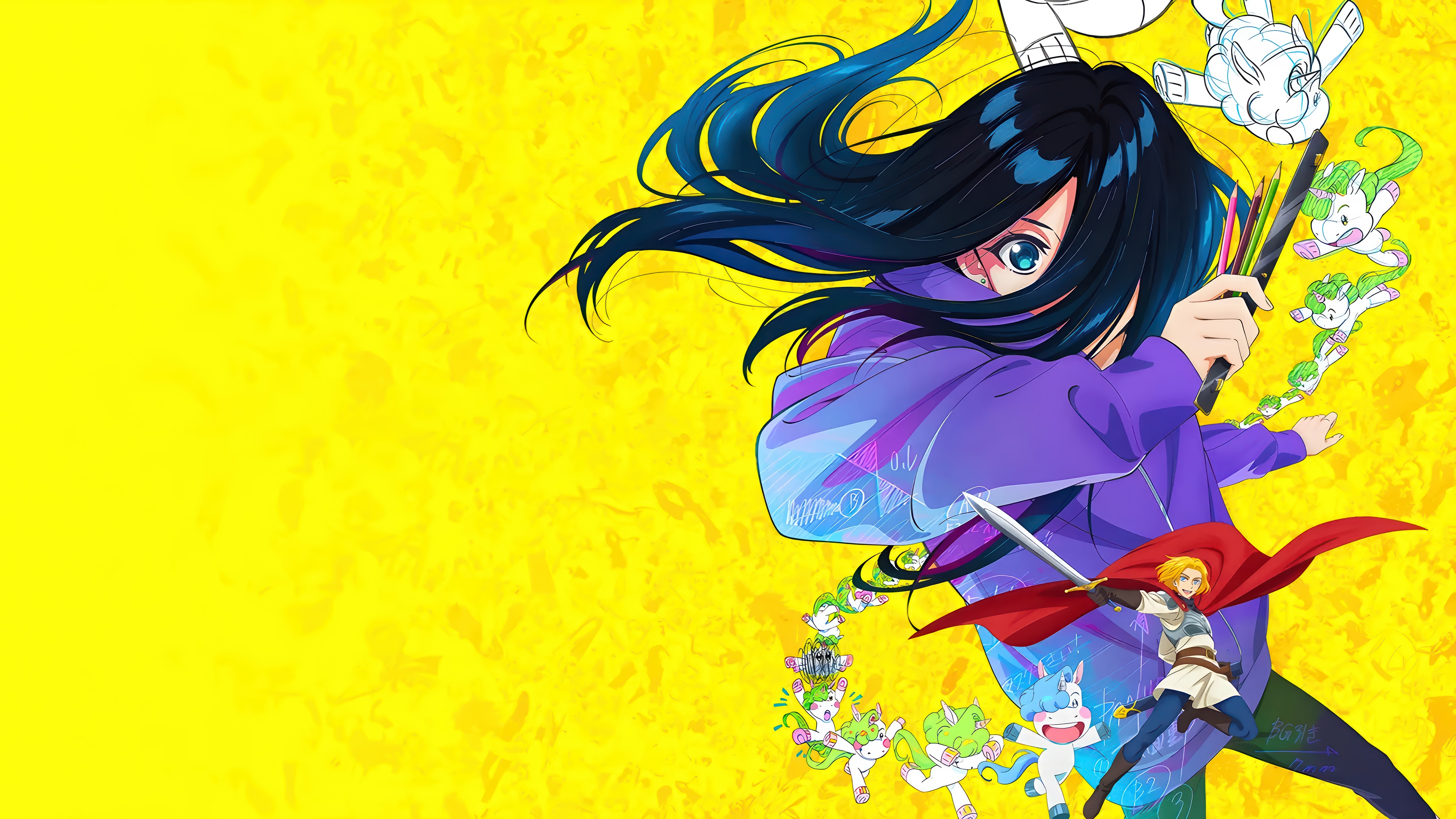 Anime characters with pencils and sword on yellow background HD Wallpaper