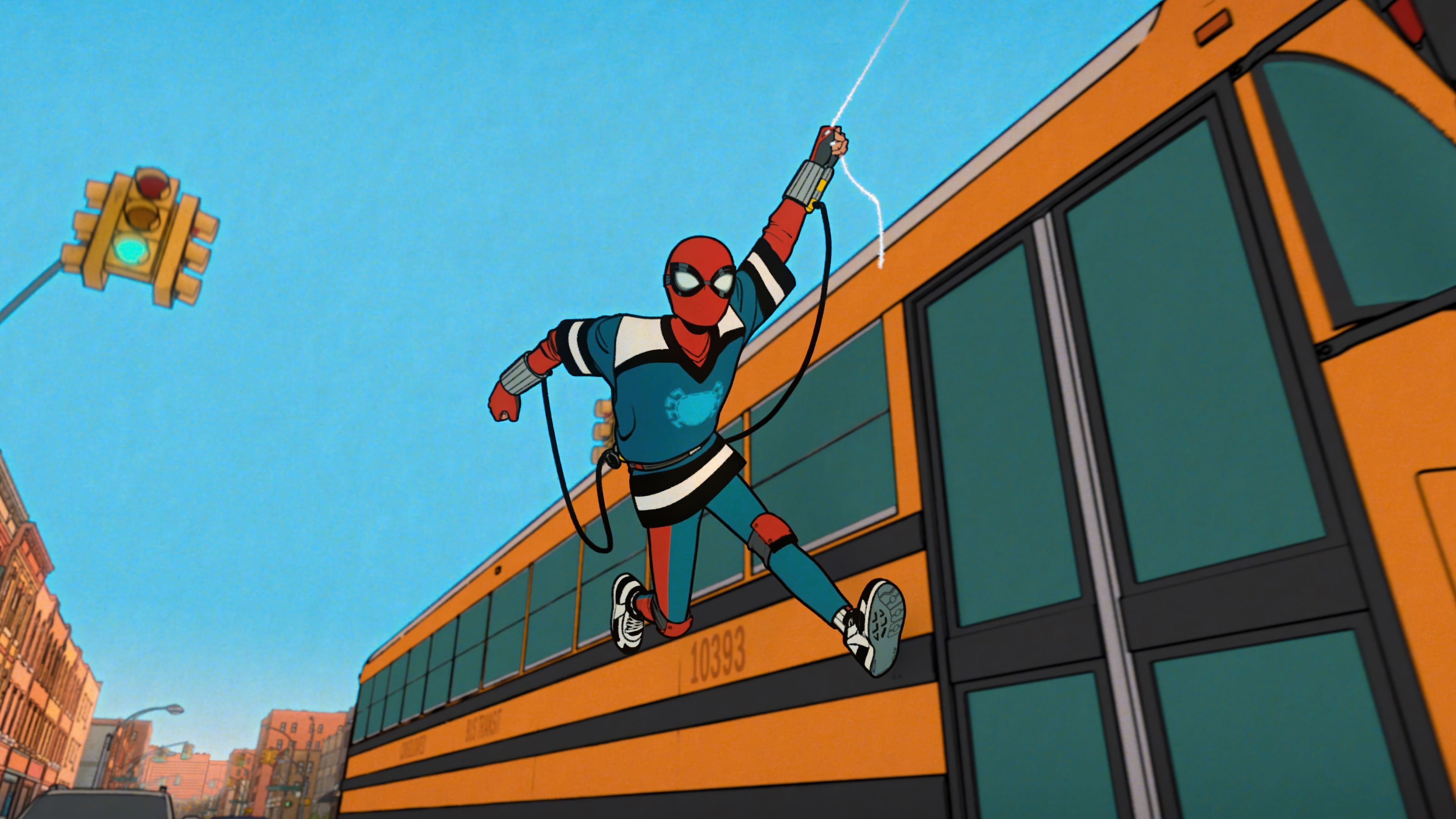 Spider-Man swinging by a school bus HD Wallpaper