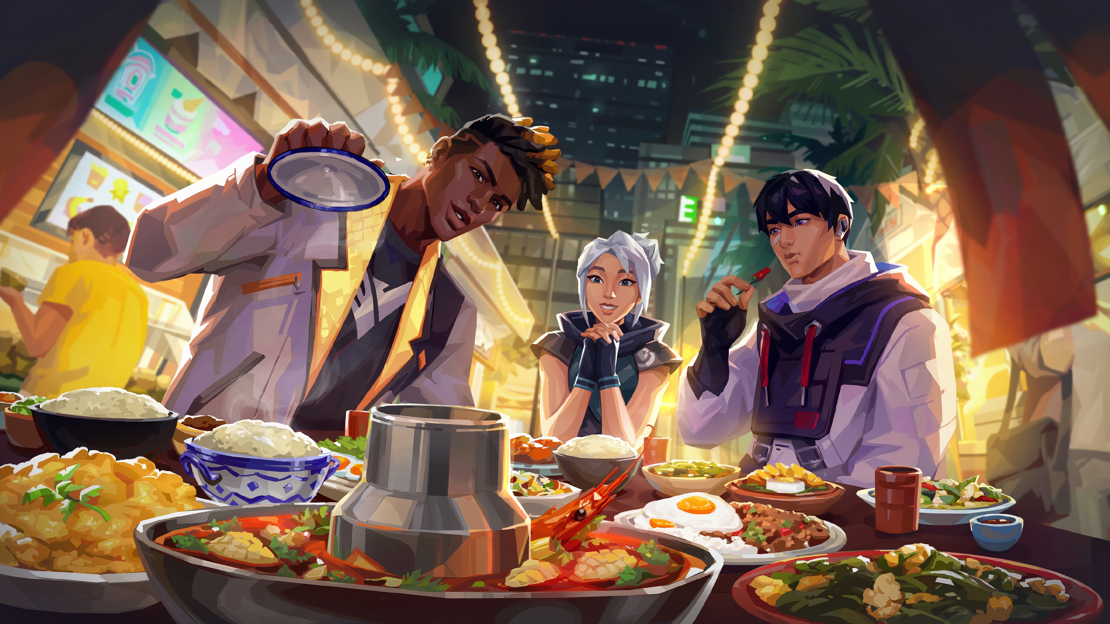 Valorant Phoenix, Jett, and Iso eating at a night market HD Wallpaper