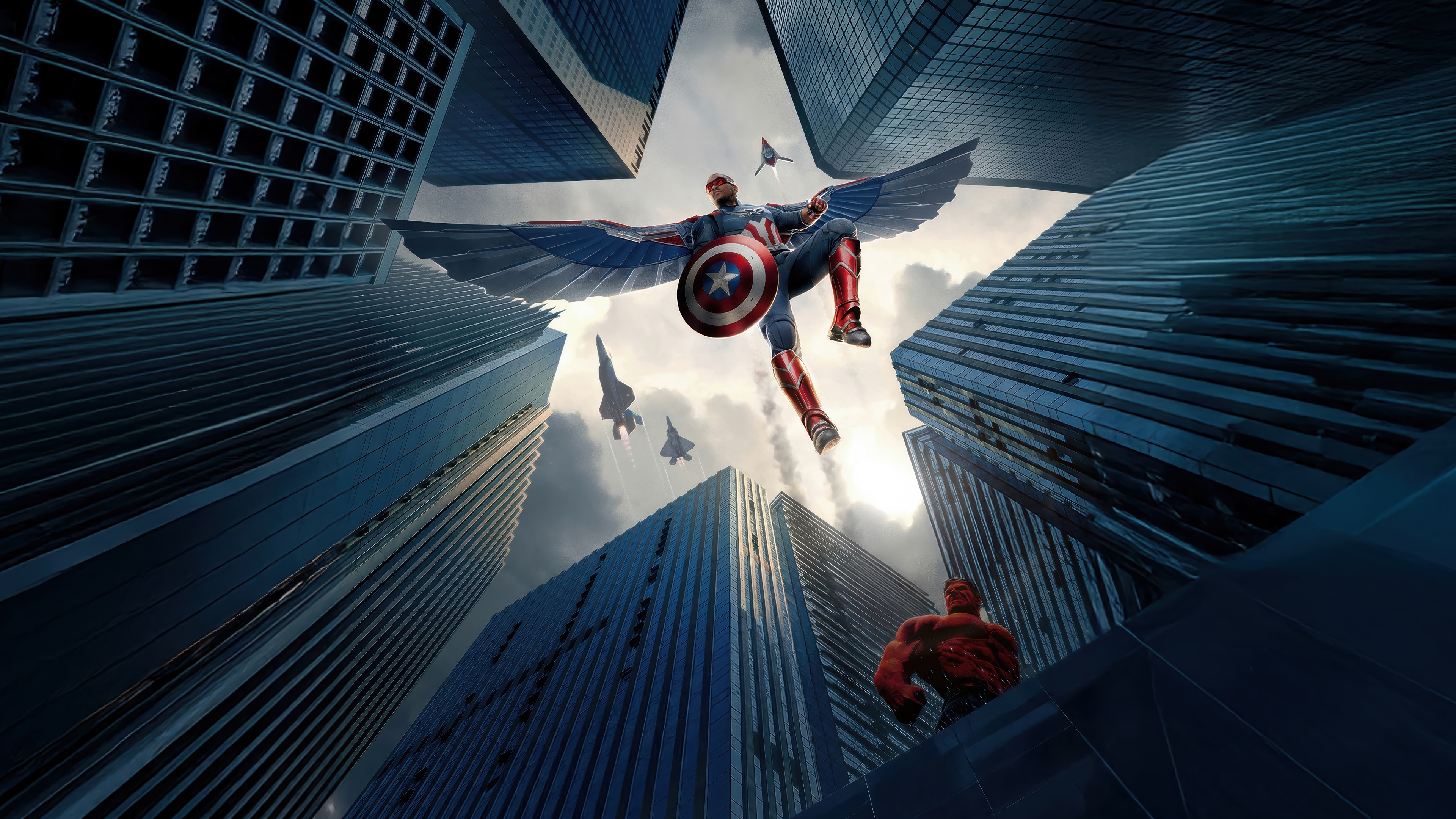 Sam Wilson as Captain America Flying Over City HD Wallpaper