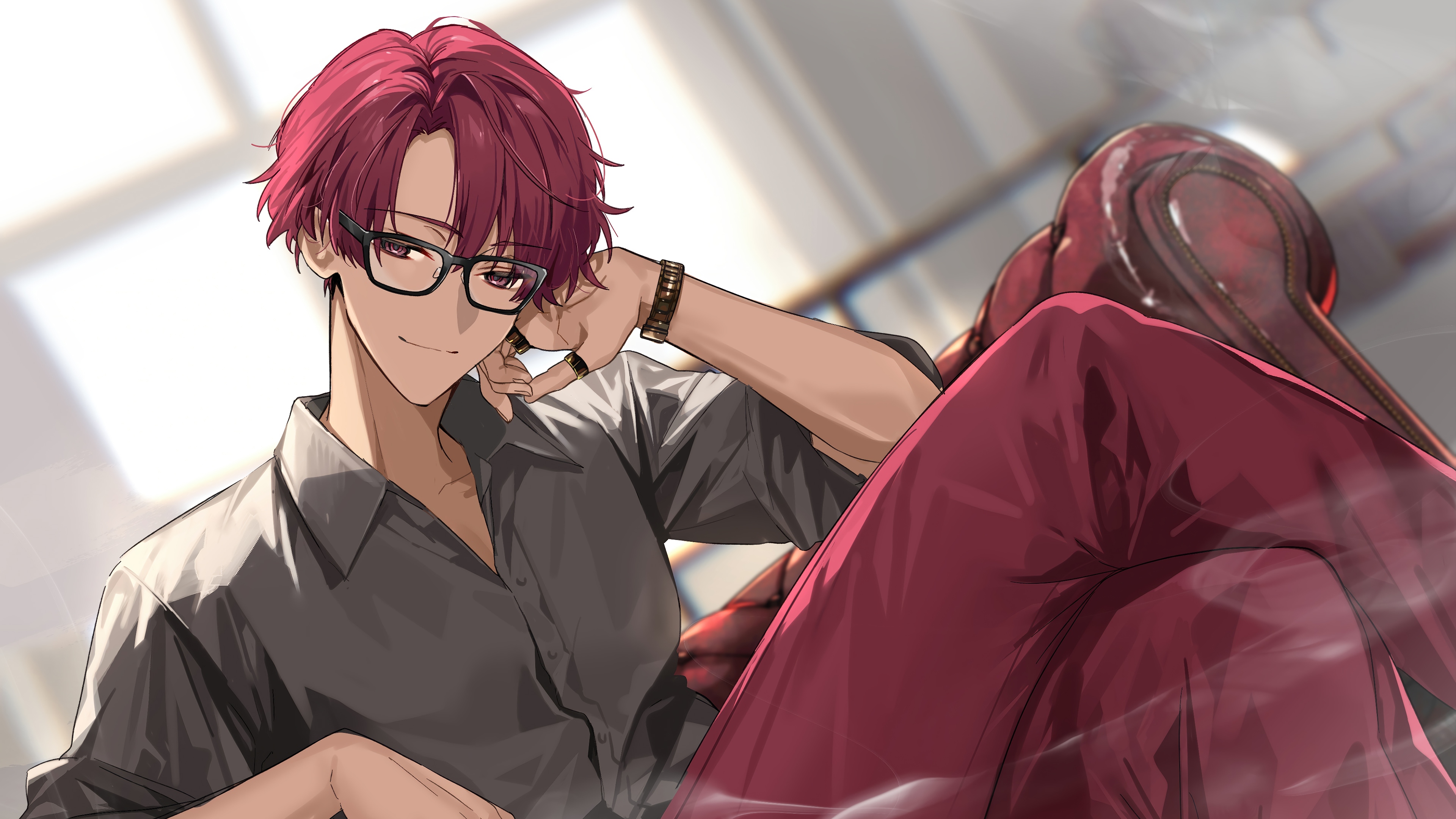Anime character with red hair and glasses HD Wallpaper