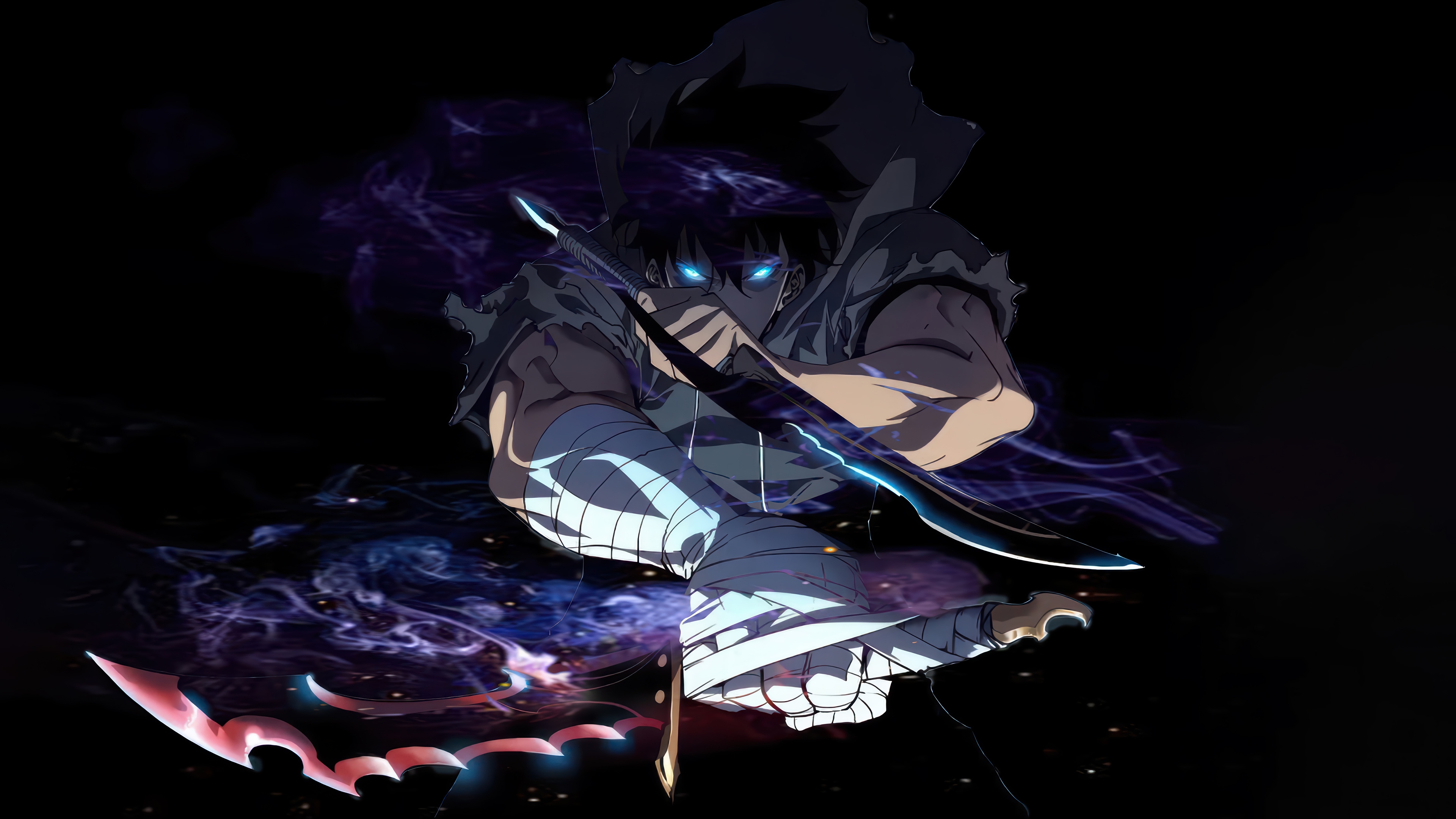 Sung Jin-Woo with glowing blue eyes and swords HD Wallpaper
