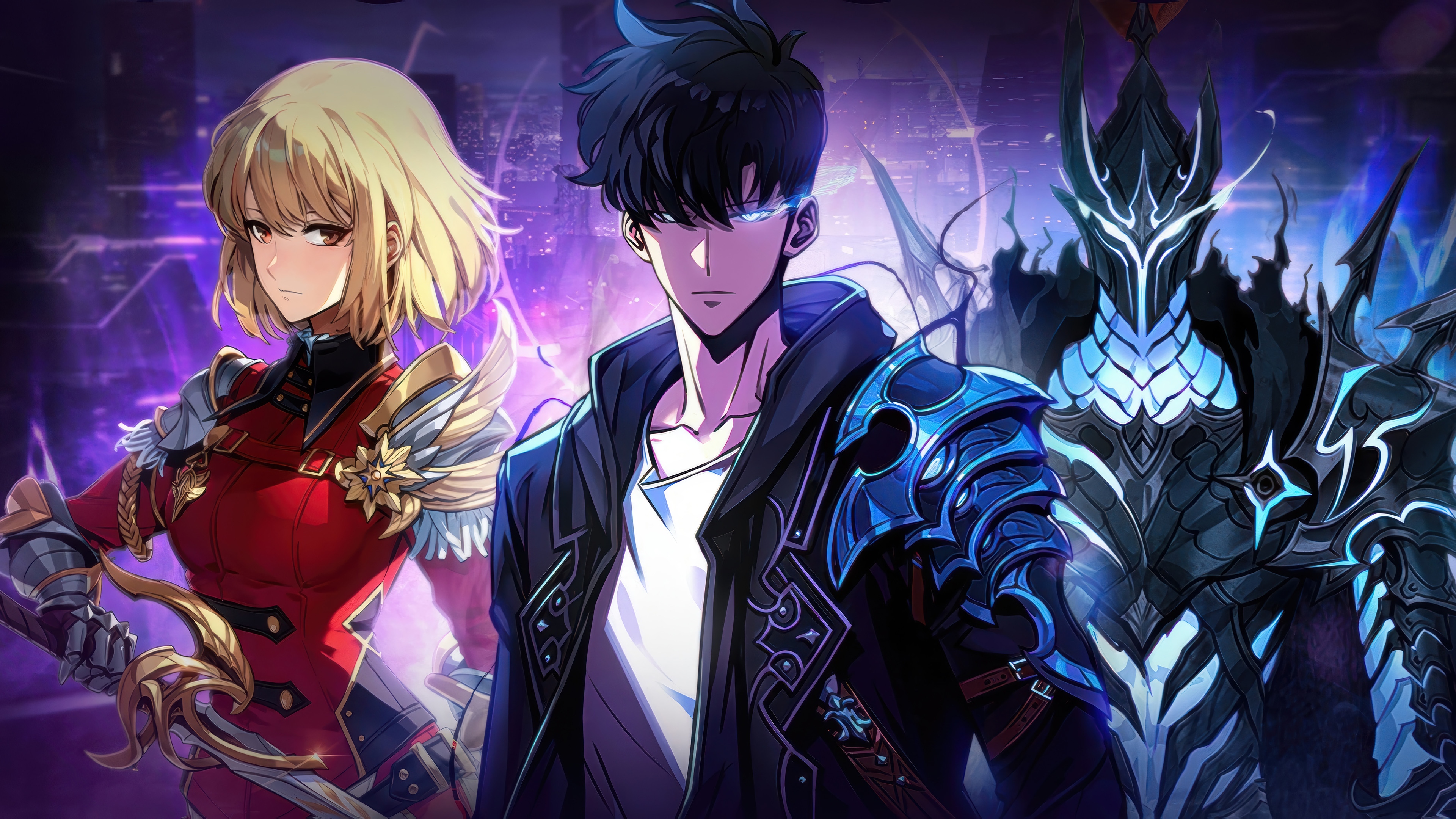 Sung Jin-Woo, Cha Hae-In, and Shadow Monarch in Solo Leveling: ARISE 4K HD Wallpaper