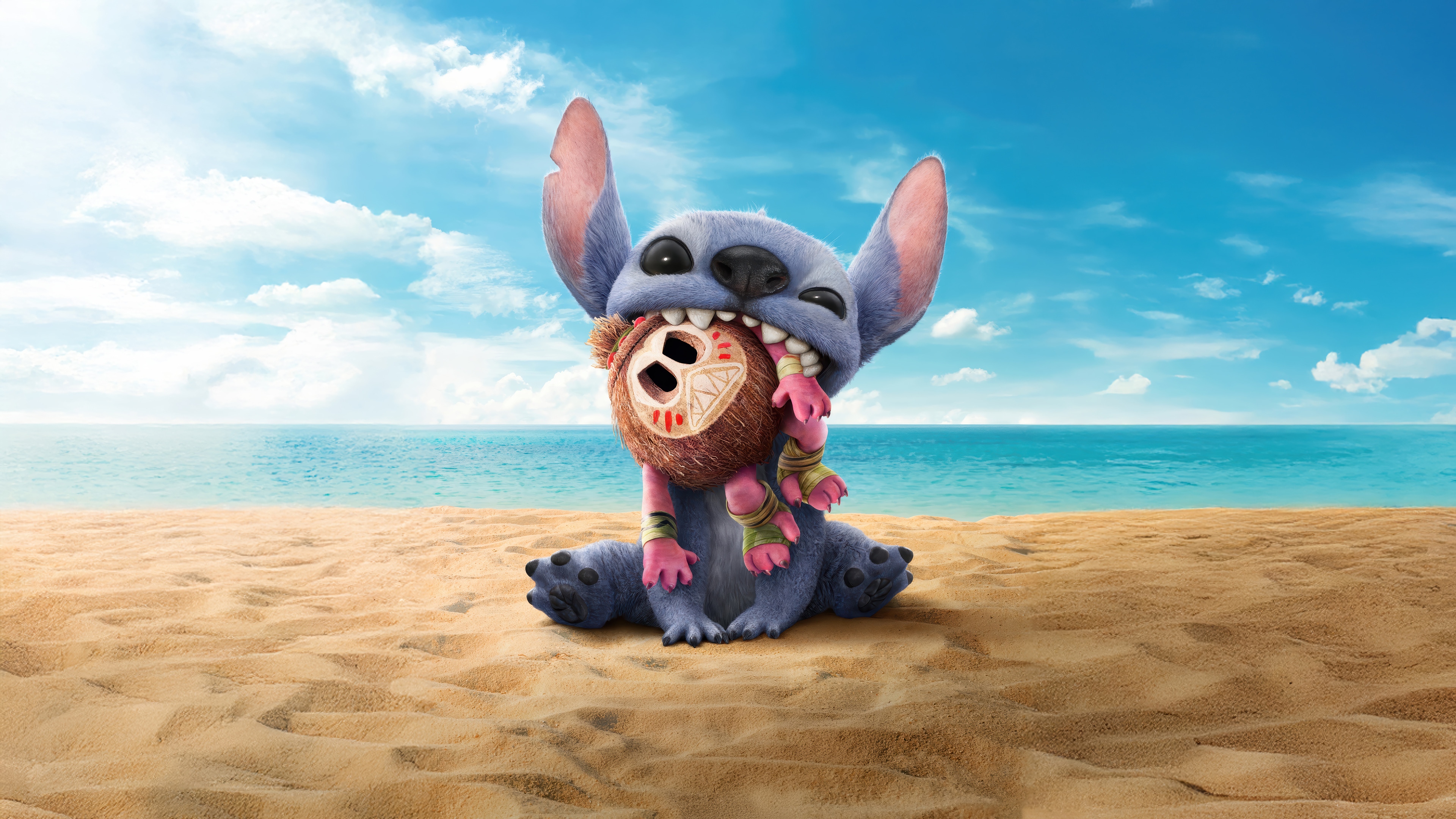 Stitch holding a tribal doll on the beach 4K HD Wallpaper