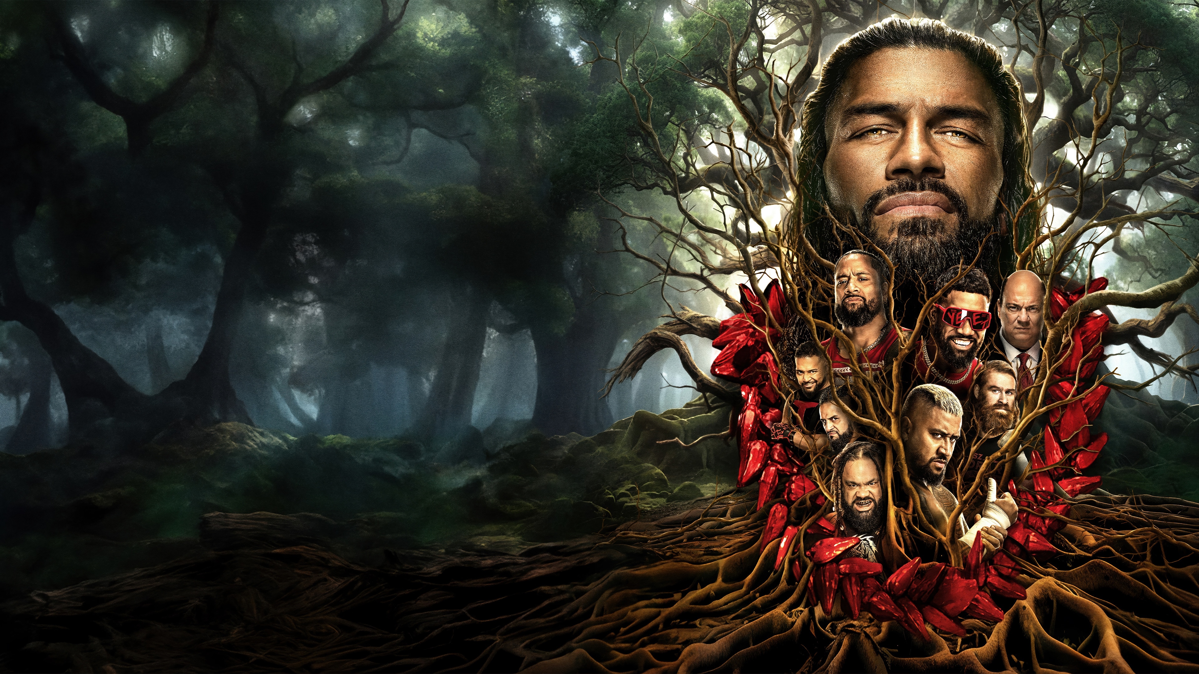 WWE 2K25 Roman Reigns and wrestlers in forest HD Wallpaper