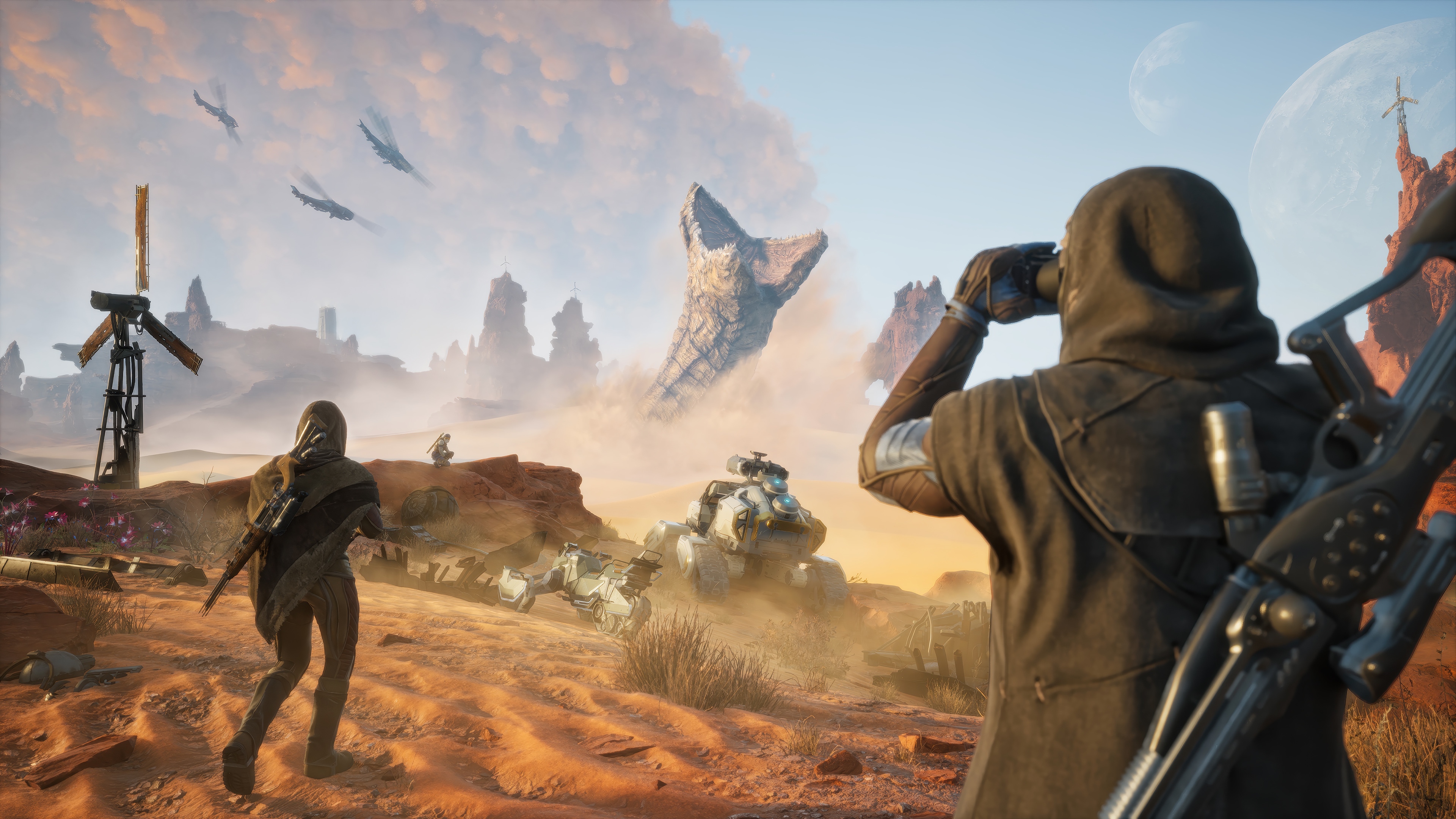 Dune: Awakening desert landscape with worm and players HD Wallpaper