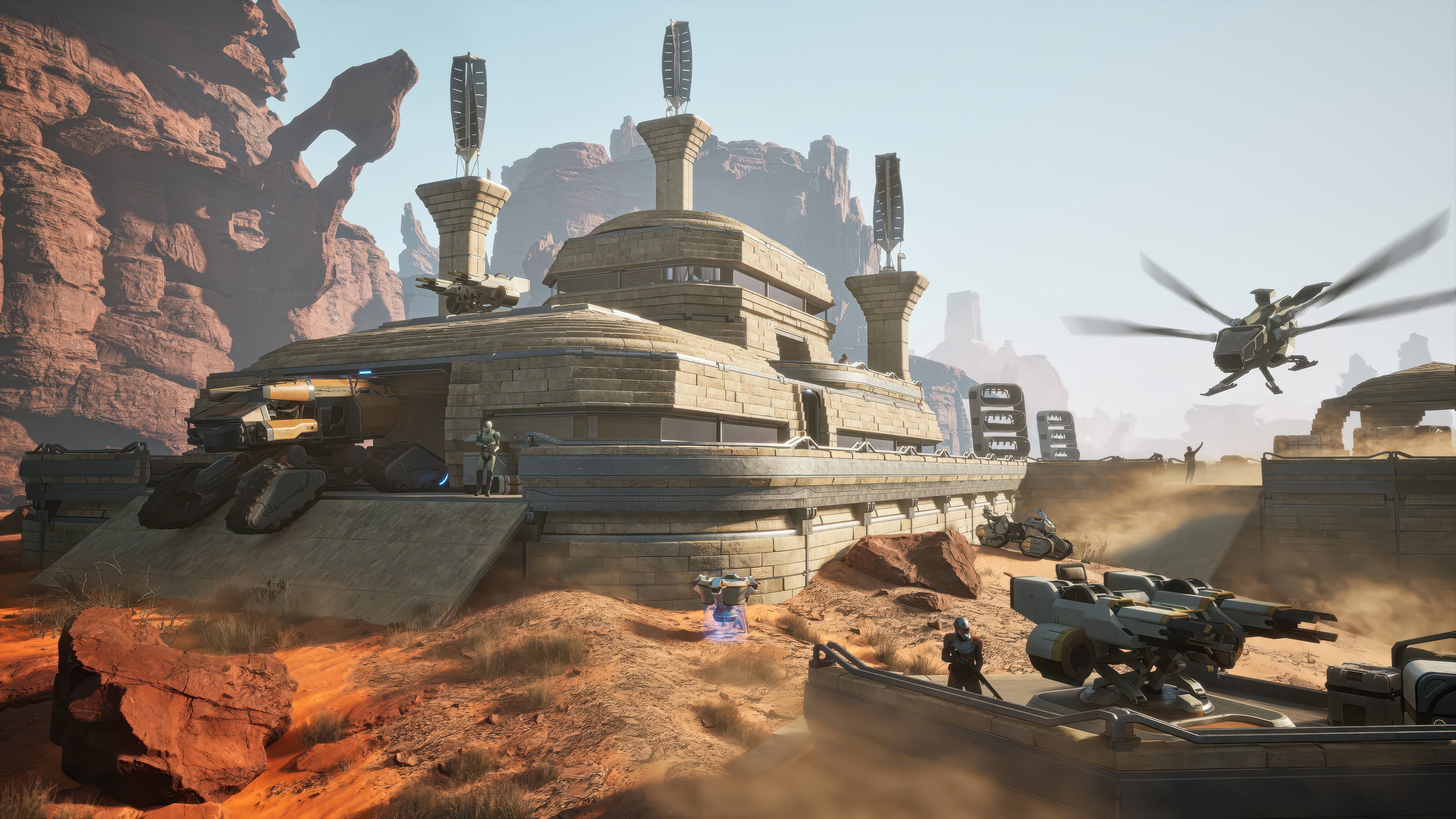 Dune: Awakening desert outpost with vehicles and aircraft HD Wallpaper