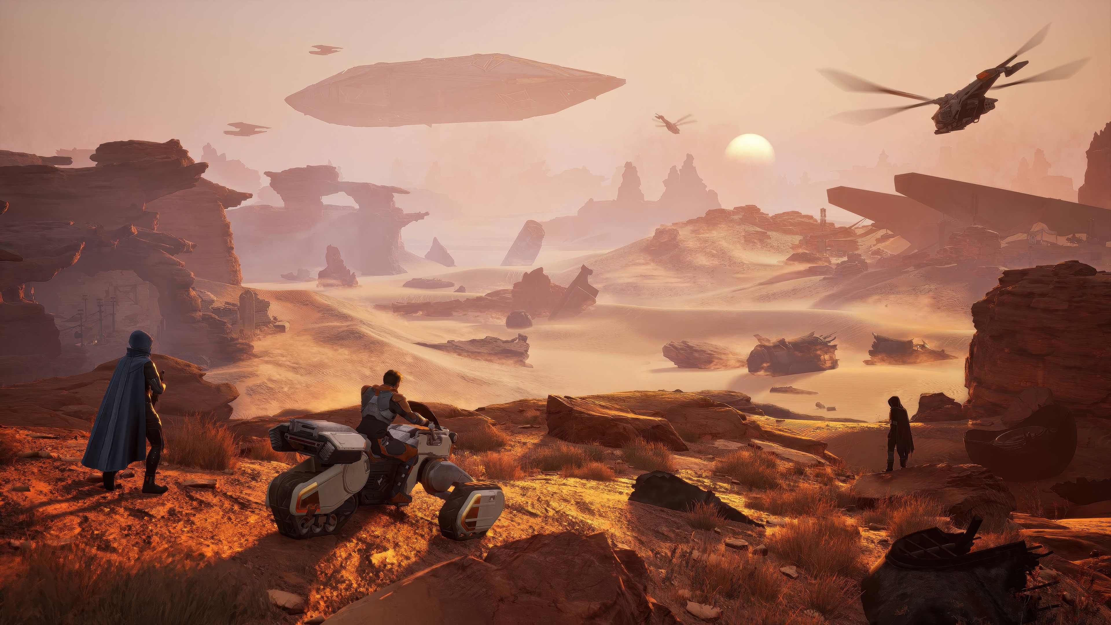 Dune: Awakening desert landscape with vehicles and aircraft HD Wallpaper