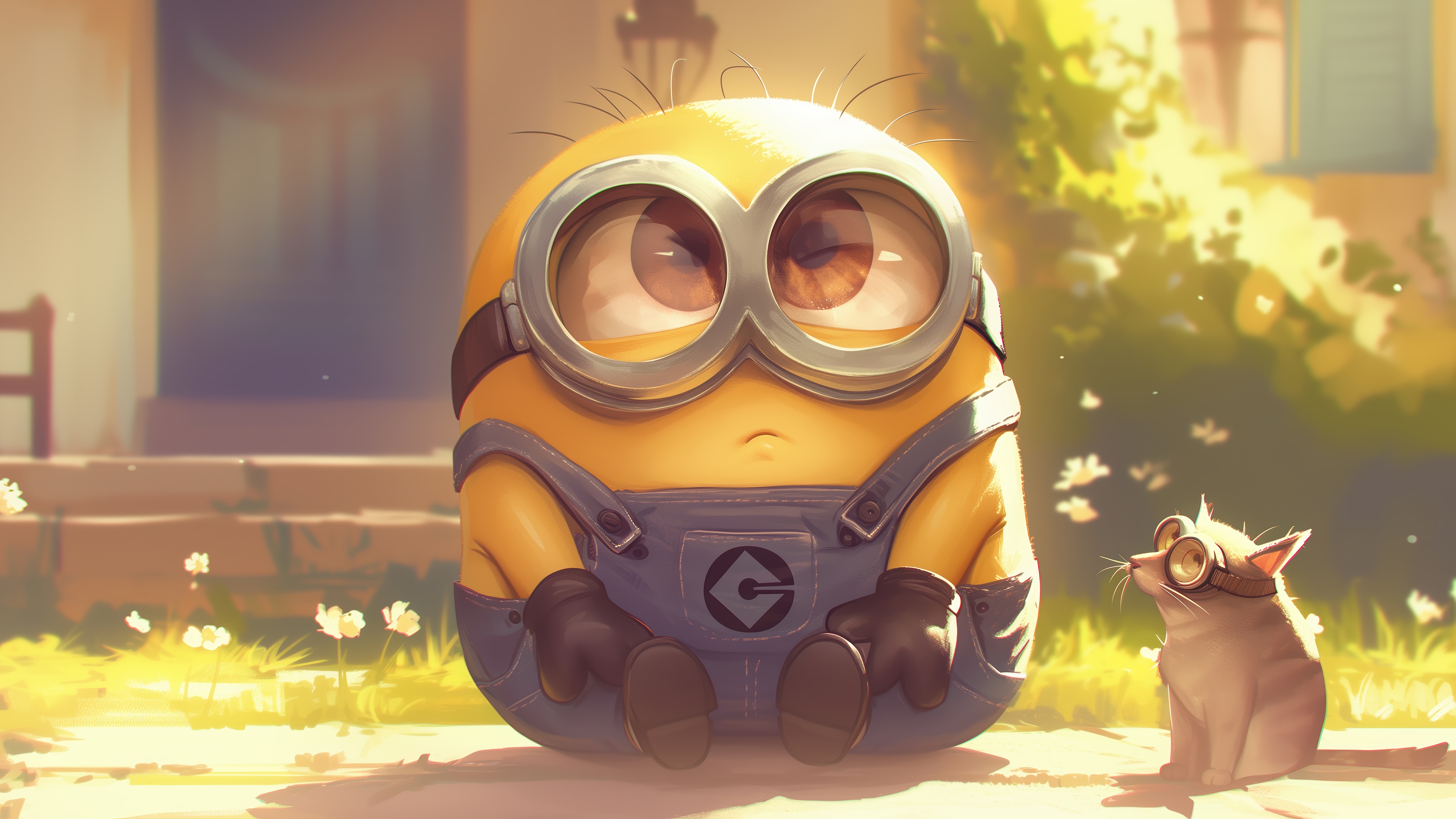 Minion and Cat in a Sunny Garden 4K HD Wallpaper