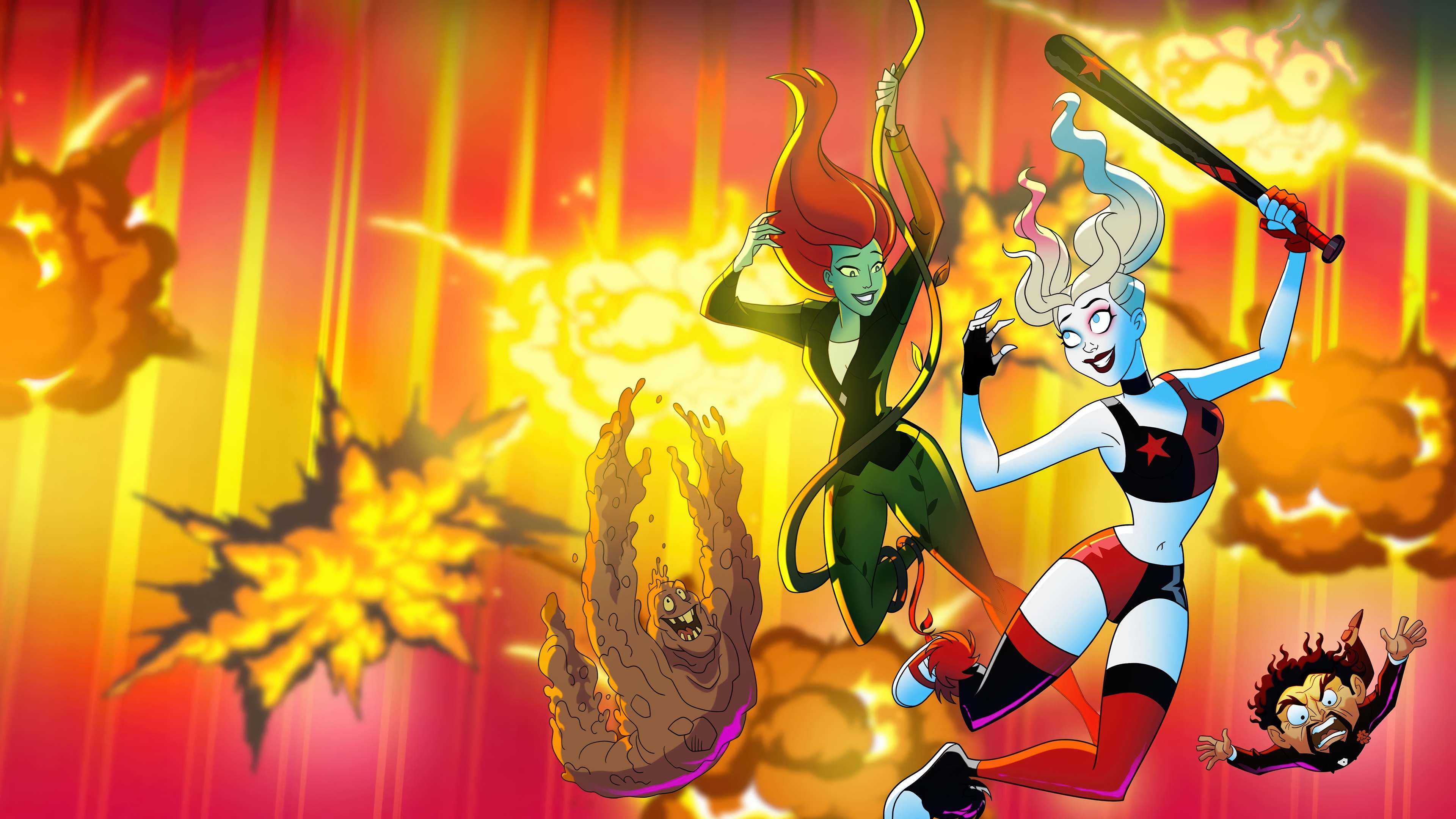Harley Quinn and Poison Ivy in Explosions 4K HD Wallpaper