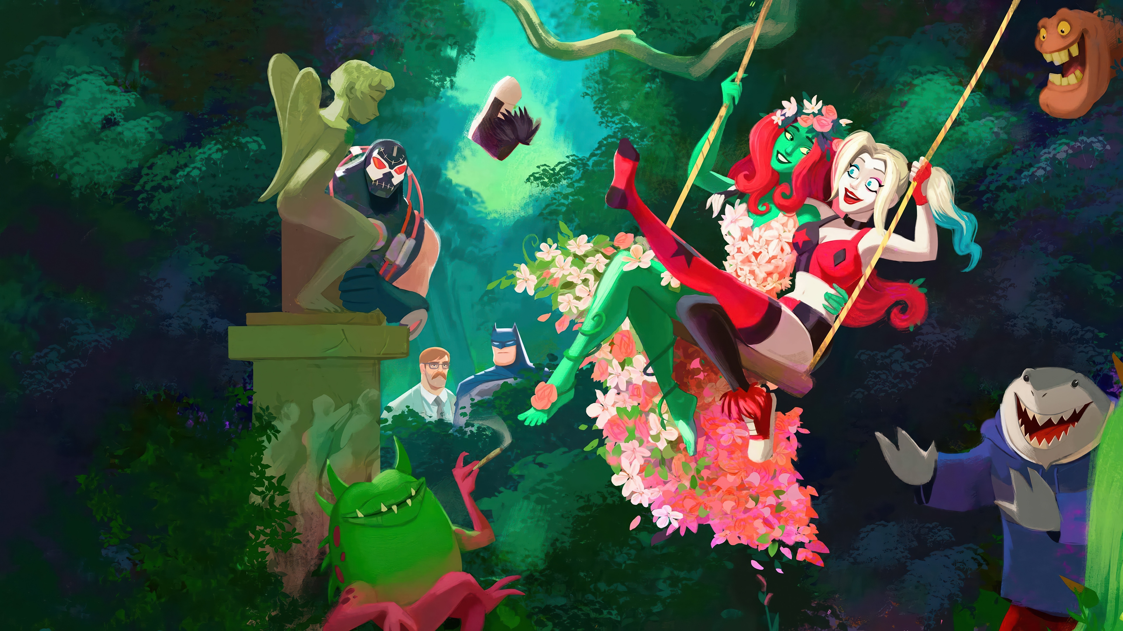 Harley Quinn, Poison Ivy, Bane, Batman, King Shark 4K HD Wallpaper