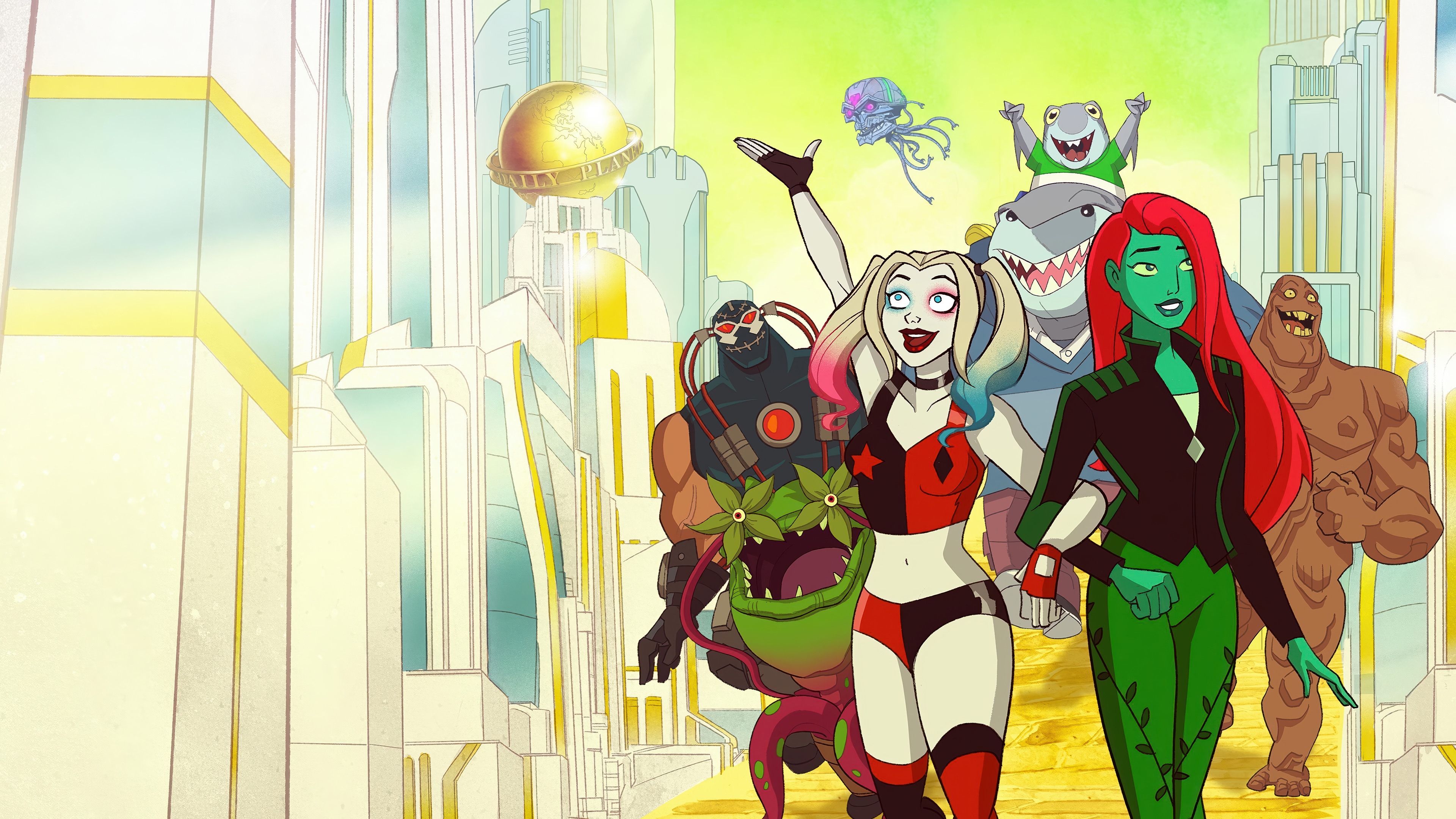 Harley Quinn and friends in a futuristic city 4K HD Wallpaper