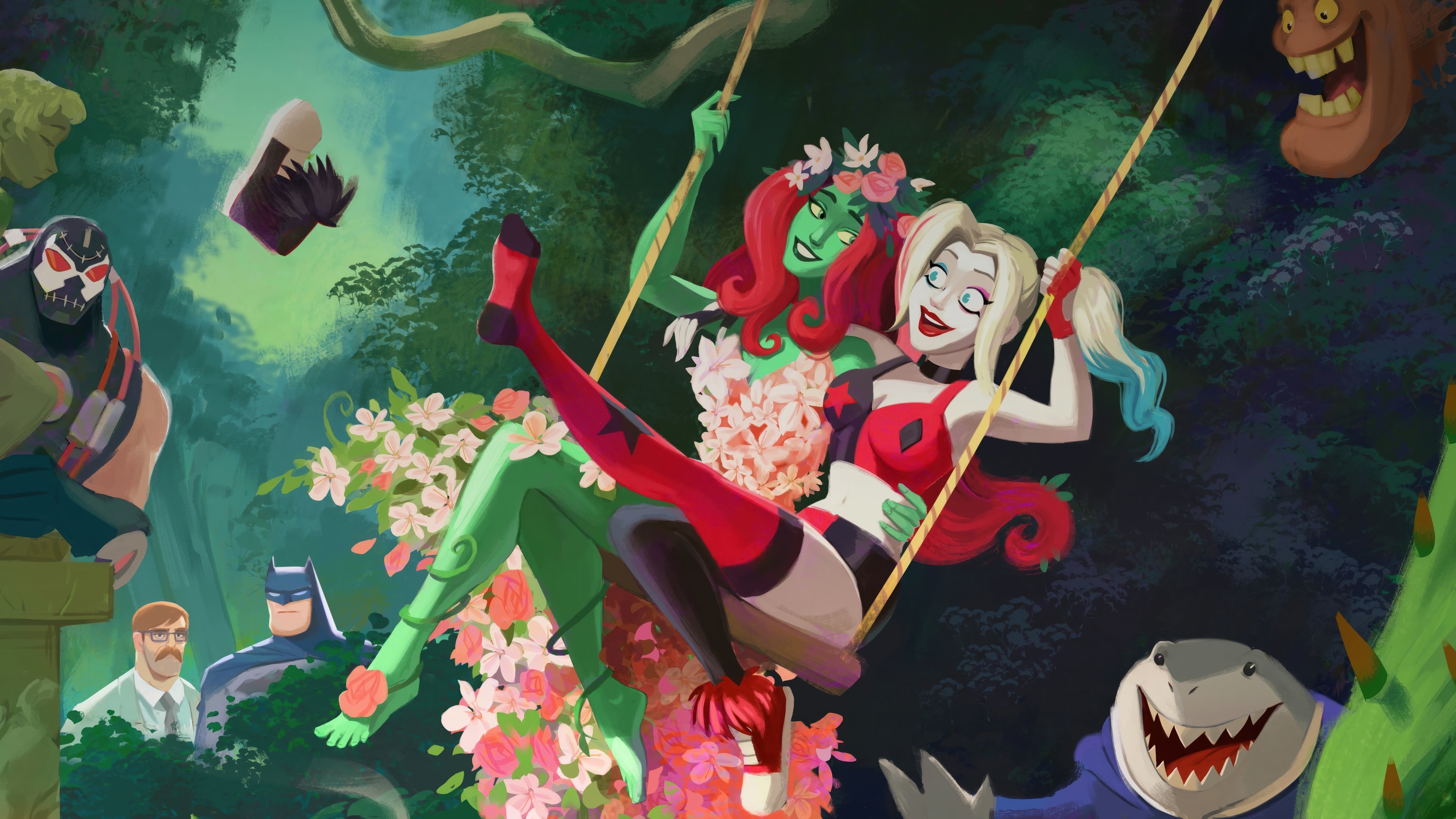 Harley Quinn and Poison Ivy on a swing with DC characters HD Wallpaper