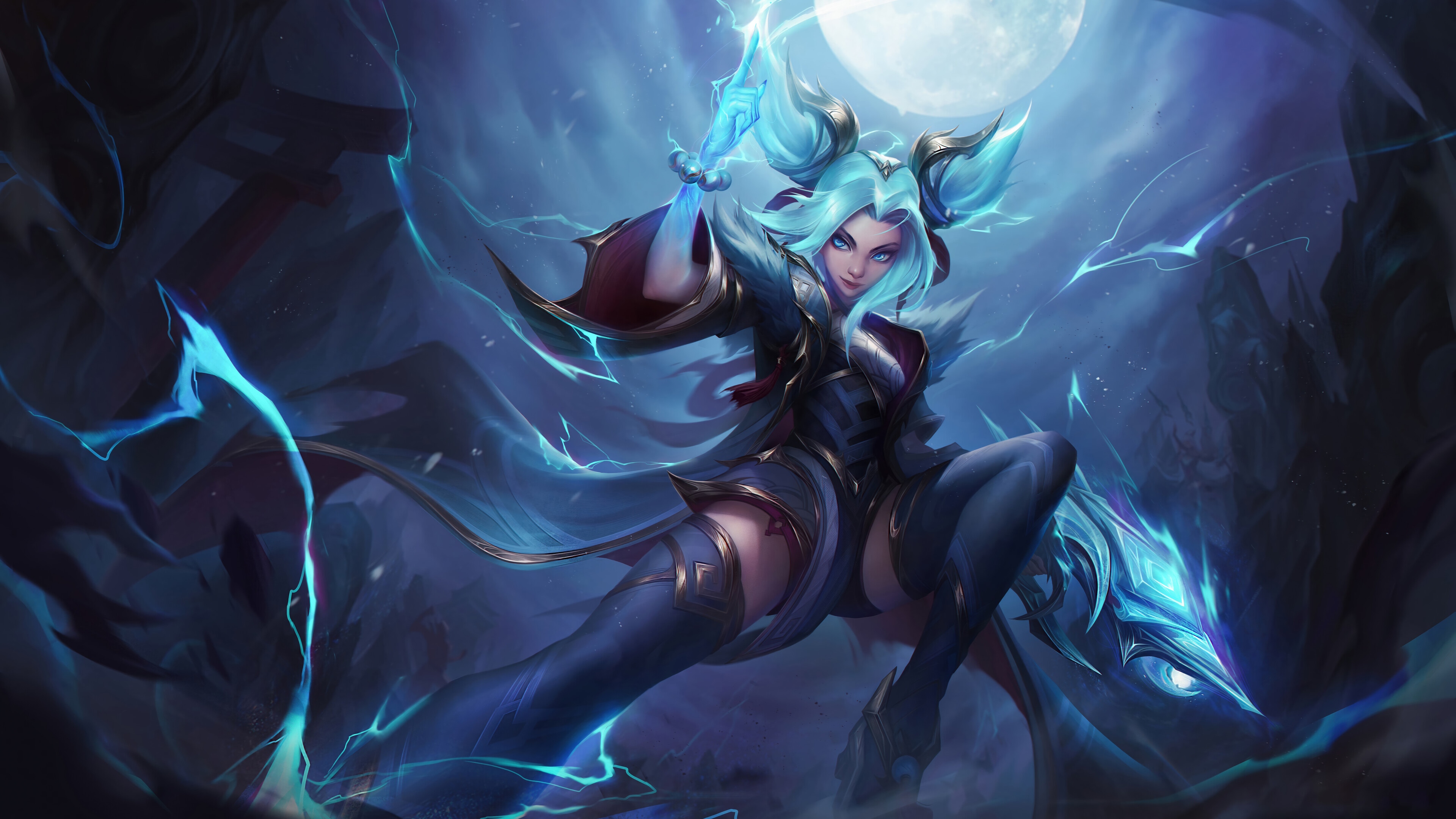 Zeri from League of Legends with Moon and Lightning HD Wallpaper