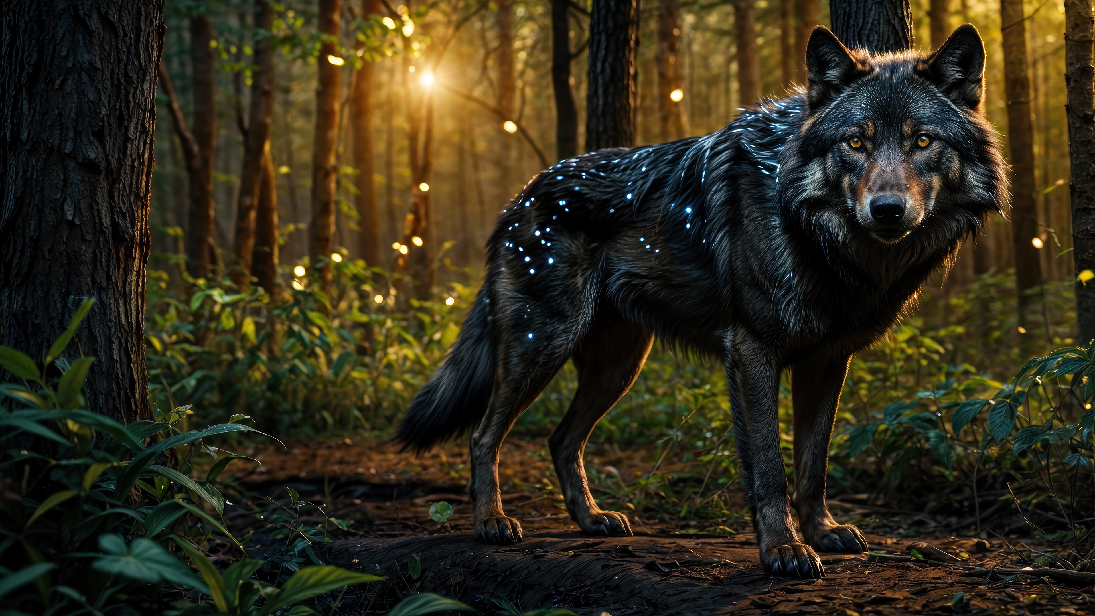 Wolf with glowing spots in a forest at sunset HD Wallpaper