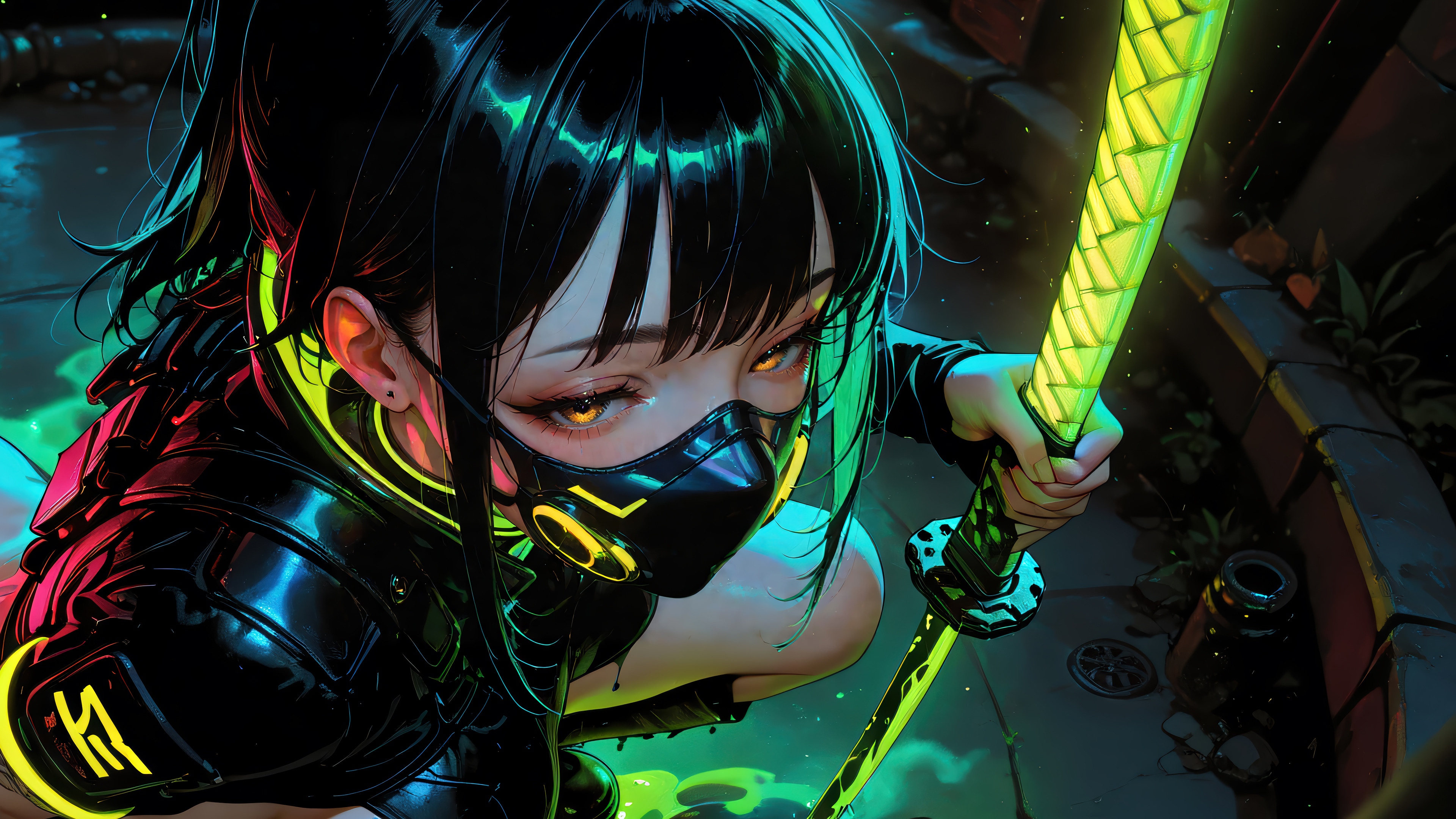 Anime girl with katana and mask in 4K HD Wallpaper