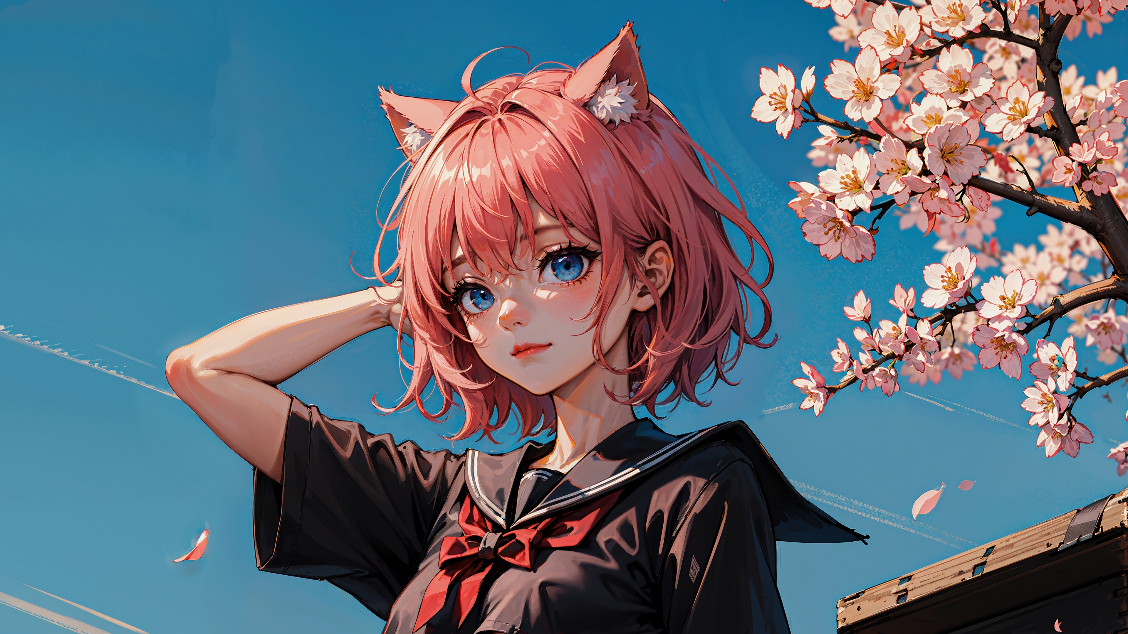 Anime Girl with Pink Hair and Cat Ears by Cherry Blossoms 4K HD Wallpaper