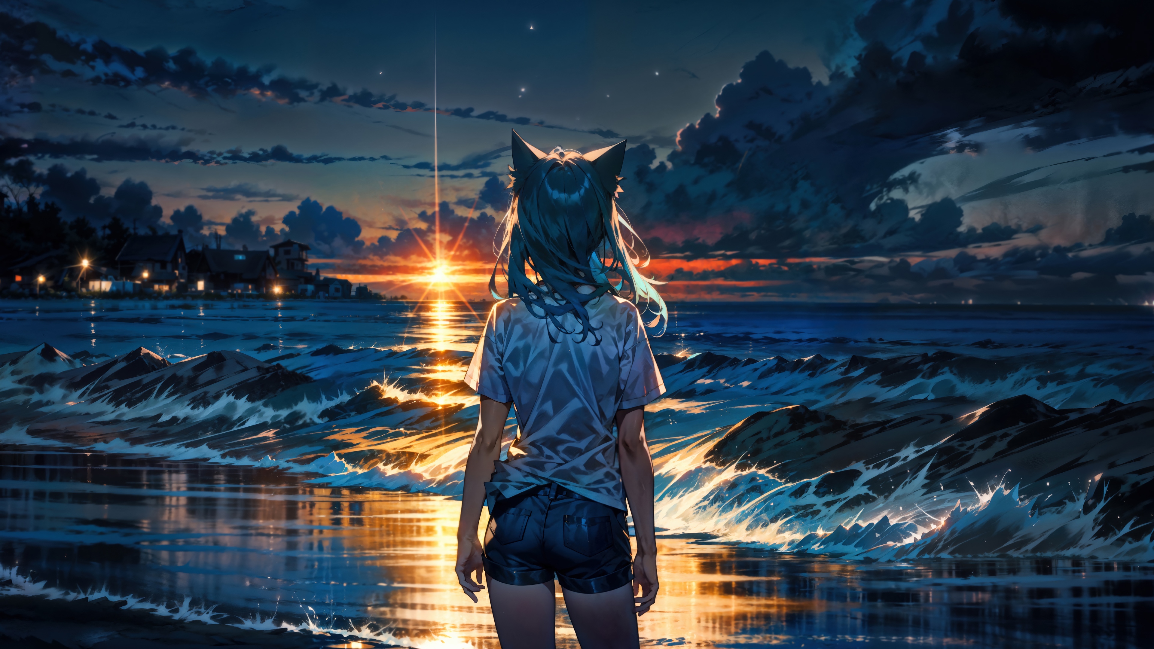 Anime Girl with Cat Ears at Sunset Beach 4K HD Wallpaper